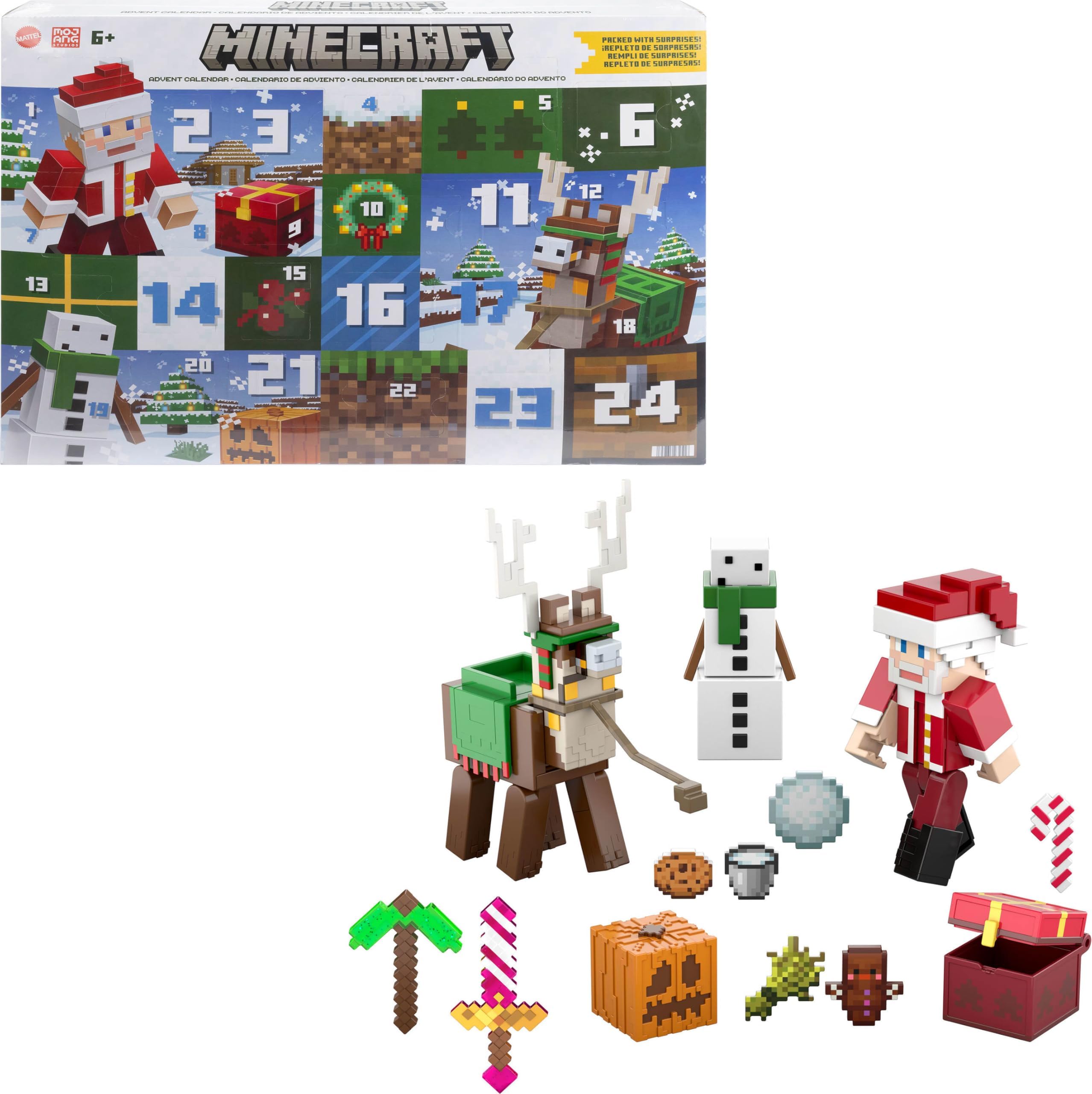 Mattel Minecraft Advent Calendar, 3 3.25-in Scale Action Figures including Santa, 17 Accessories & 4 Stickers, Pixelated Design, HXM86