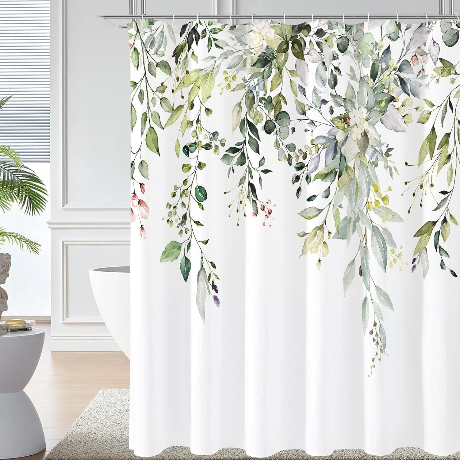 Green Eucalyptus Shower Curtain, Bathroom Curtain Waterproof Anti-Mold Fashion Curtain Watercolor Leaves on The Top Plant with Floral Bathroom Decoration Shower Curtain Sets (180 * 180CM) with Hooks