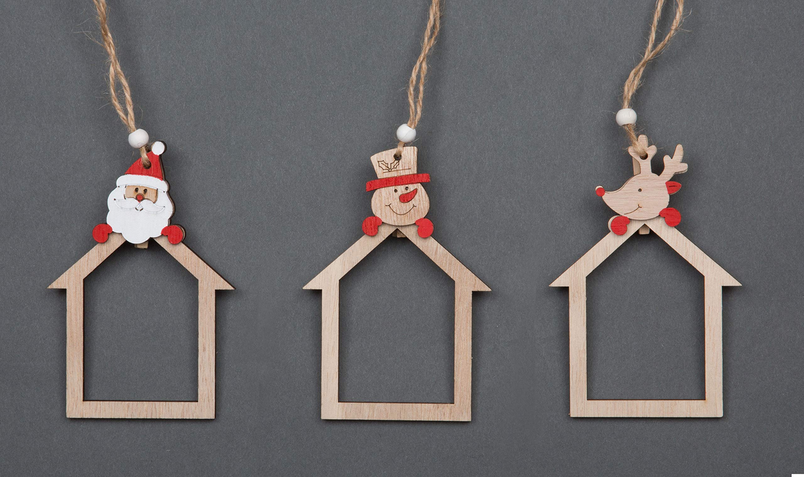 Shatchi Wooden Christmas Tree Ornaments Aesthetic Hanging Decorations Set Of 3 Pcs Xmas Diy Holiday Home Décor – Home Shape Santa, Reindeer, Snowman Pieces(10Cm)