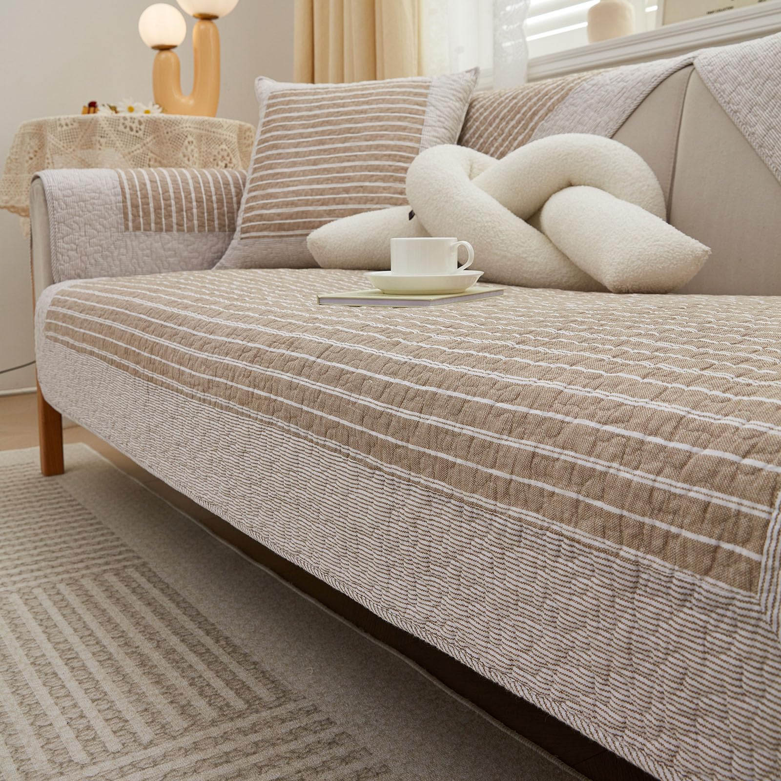 Huierxun Farmhouse Khaki Stripe Sofa Cover Cotton Quilted Sectional Couch Covers Soft Non Slip Sofa Slipcover Washable Furniture Protector for Living