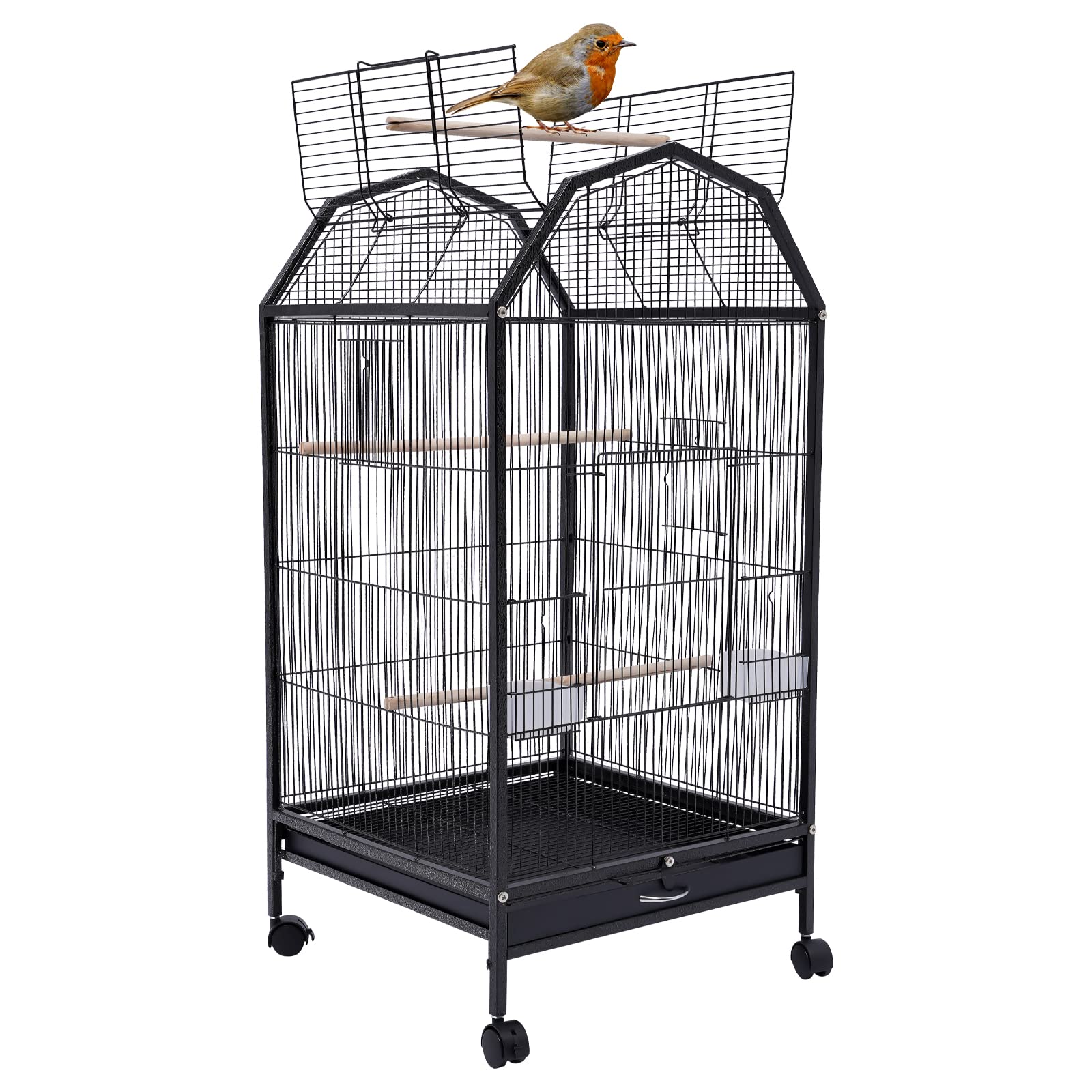 FONSOLUM 40-Inch Wrought Iron Bird Cage with Open-Top and Rolling Stand, Movable Parrot Cage Pet Bird Flight Cage, 360 Degree View Spacious