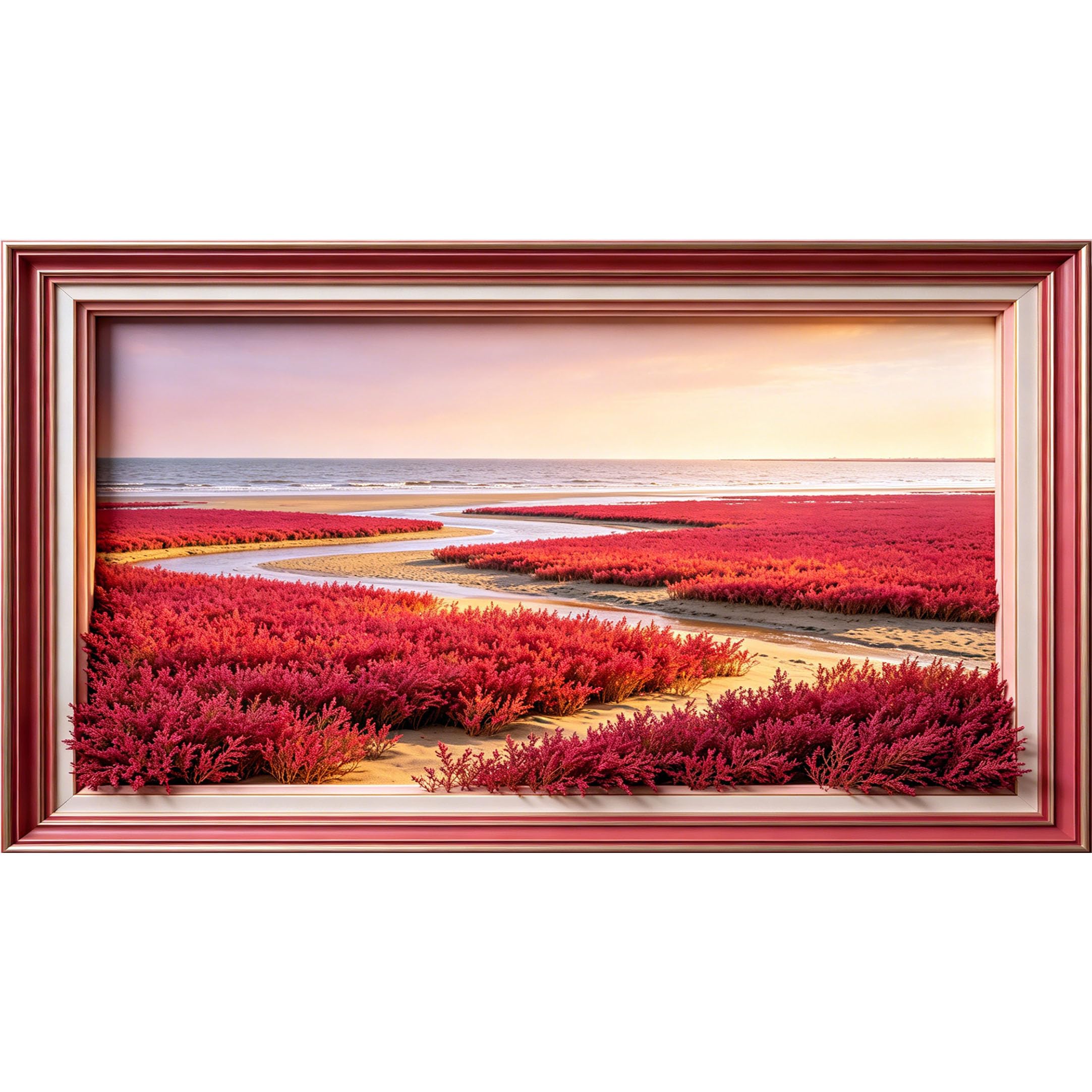 QZLITHOTIC 50×90cm3D Framed Wall Art， Red Seabeach Coastal Landscape SelfAdhesive Mural， WaterActivated Peel & Stick Fabric Decor Wall Decal for Bedroom Living Room