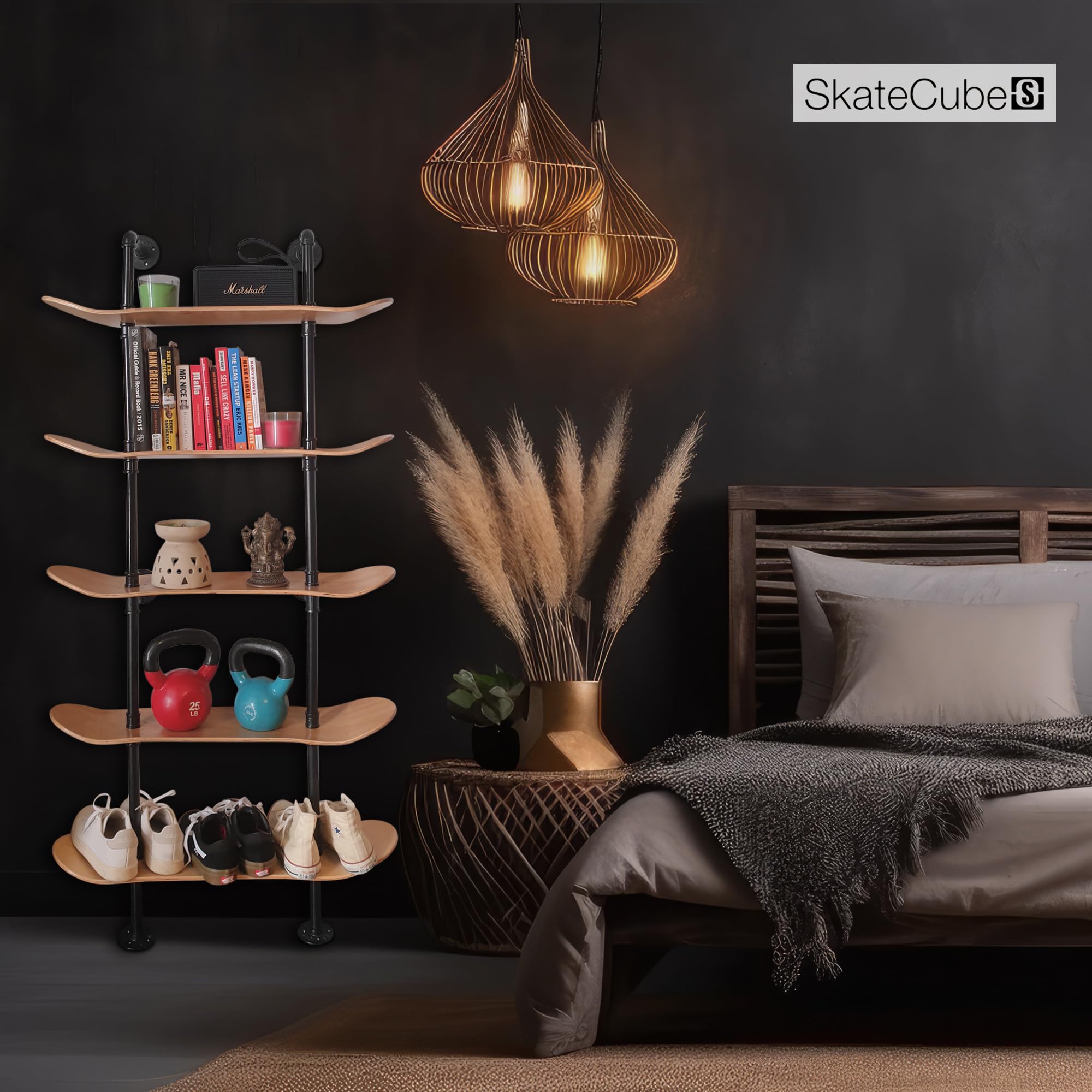 Estantes industriales – Estantería de tubería de decoración industrial de 5 niveles con cubiertas de patineta de 7 capas – Acabado de madera natural – Decoración de pared de baño, muebles de sala de 7
