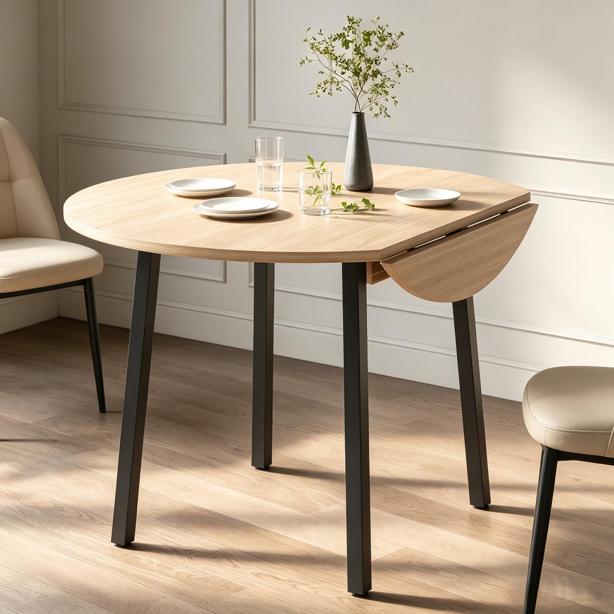 Mesa de comedor plegable de 100 x 100 cm, mesa de cocina redonda para 2-4 personas con mesa plegable y patas de metal para apartamentos pequeños, color roble