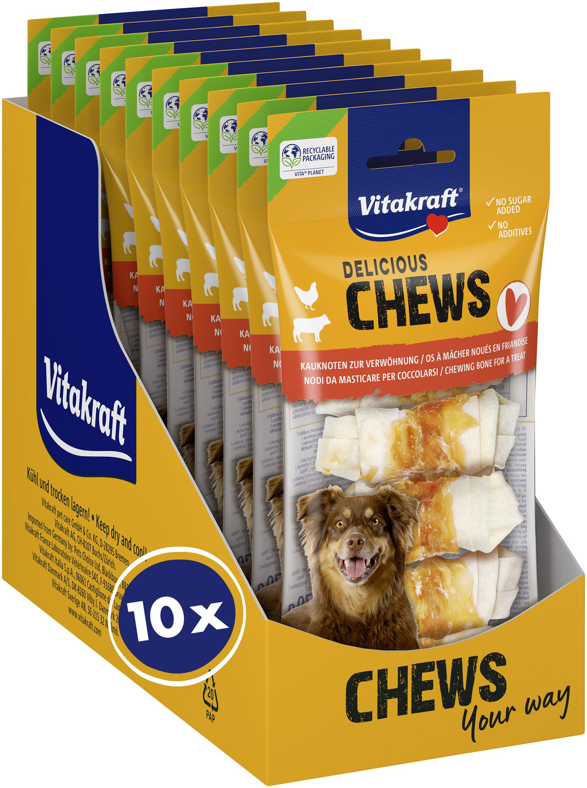 Vitakraft Delicious Chews, osso da masticare per cane, osso da masticare con pelle di manzo avvolto in carne di pollo, per occupazione, senza zuccheri aggiunti (10x 70g)