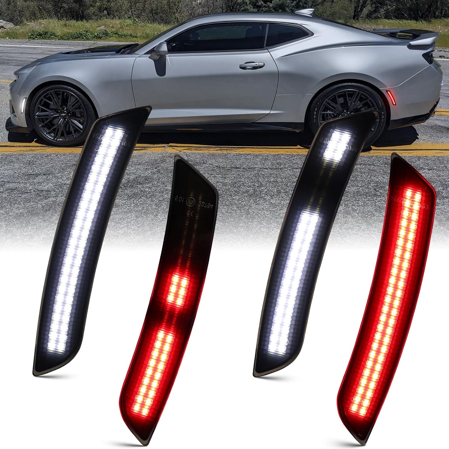 White Dynamic LED Side Marker Lights for Chevy Camaro ZL1/1LE/SS/RS/LS/LT/6th Gen 2016-2023 Sequential Scan Front Rear Fender Bumper Sidemarker Lamps Smoked Lens 4 PCS