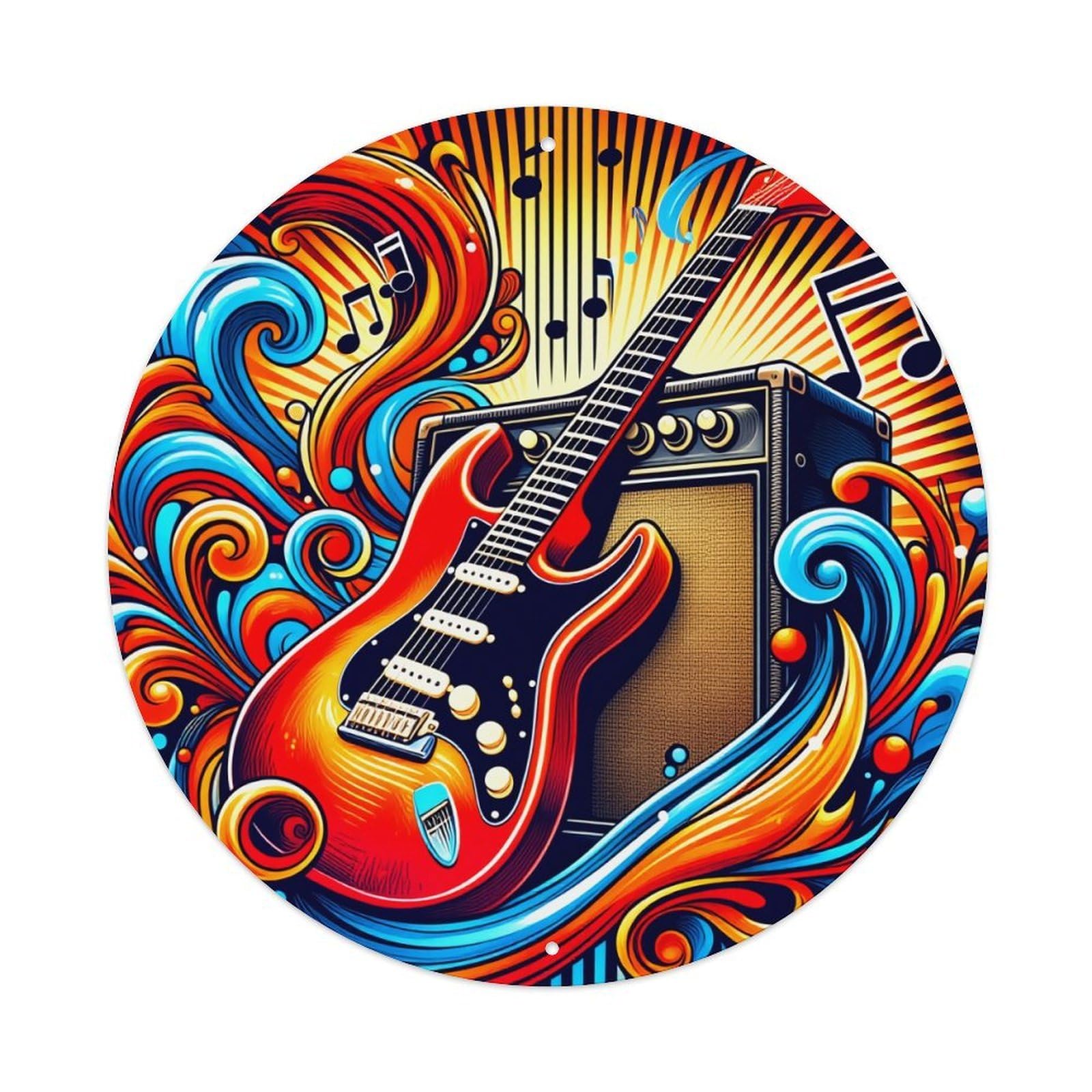 Electric Guitar Amplifier Music Notes Swirls Round Tin Sign Vintage Metal Poster, Home Bar Garage Man Cave Cafe Indoor & Outdoor Wall Decoration 8x8Inches