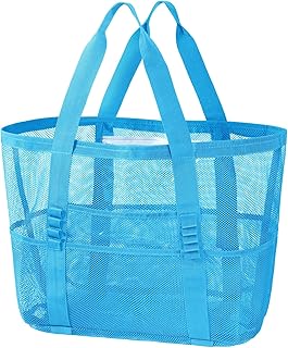 KPX Mesh Beach Bag, Tote Bag for Women Large Foldable Mesh Swimming Bag with Pockets - Sandproof, Waterproof (Sky Blue)