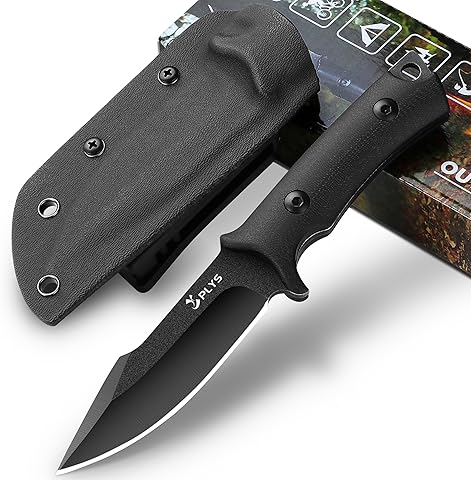 Plys Cuchillo de Supervivencia Para Acampar Al Aire Libre, Cuchillo de Caza dn La Selva de Espiga Completa, Acero 440c, Mango G10 Con Funda Kydex (Negro)