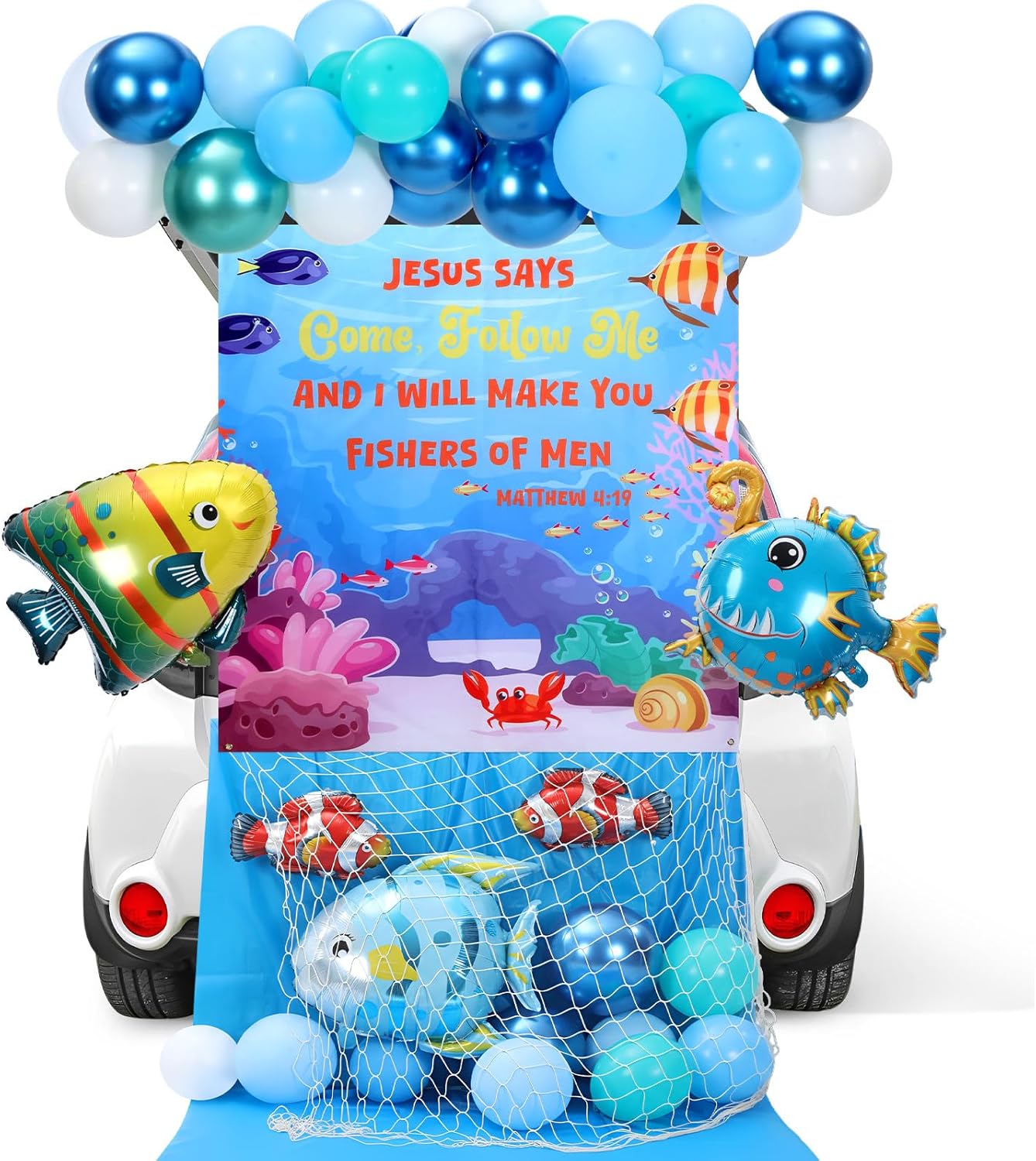 Tioncy 33 Pcs Religious Halloween Undersea Trunk or Treat Car Decoration Kit with Undersea Banner Fish Balloons Fishing Net Disposable Tablecloth Balloons Ocean Outdoor Decor for Archway Garage Party