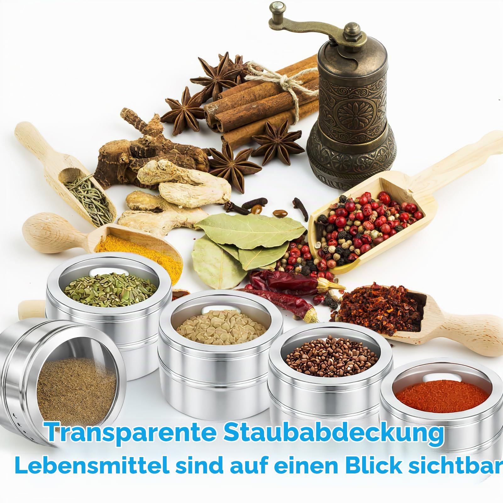 40 Stück Gewürzdosen Magnetisch aus Edelstahl, 89ml / 3oz Magnetische Gewürzbehälter mit Sichtfenster, 10 Blatt Etiketten, 4 Stifte & 5 Messlöffel, Gewürz Organizer für Küche, Kühlschrank & Grill
