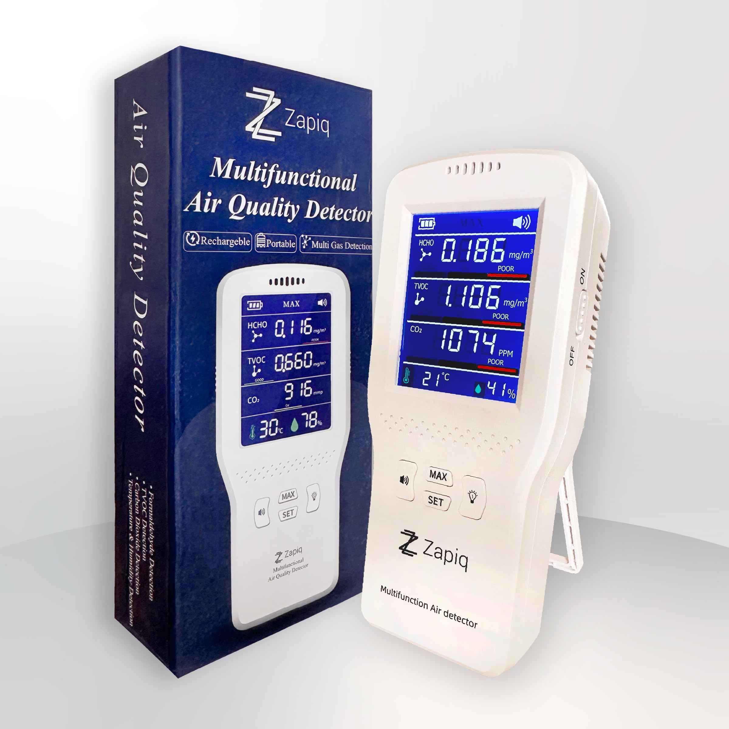 Zapiq Multifunctional Air Quality Detector | Formaldehyde (HCHO), TVOC, CO₂ Monitor | Portable Rechargeable Indoor Air Quality Tester with Temperature & Humidity Display for Home, Office & Car-image-36