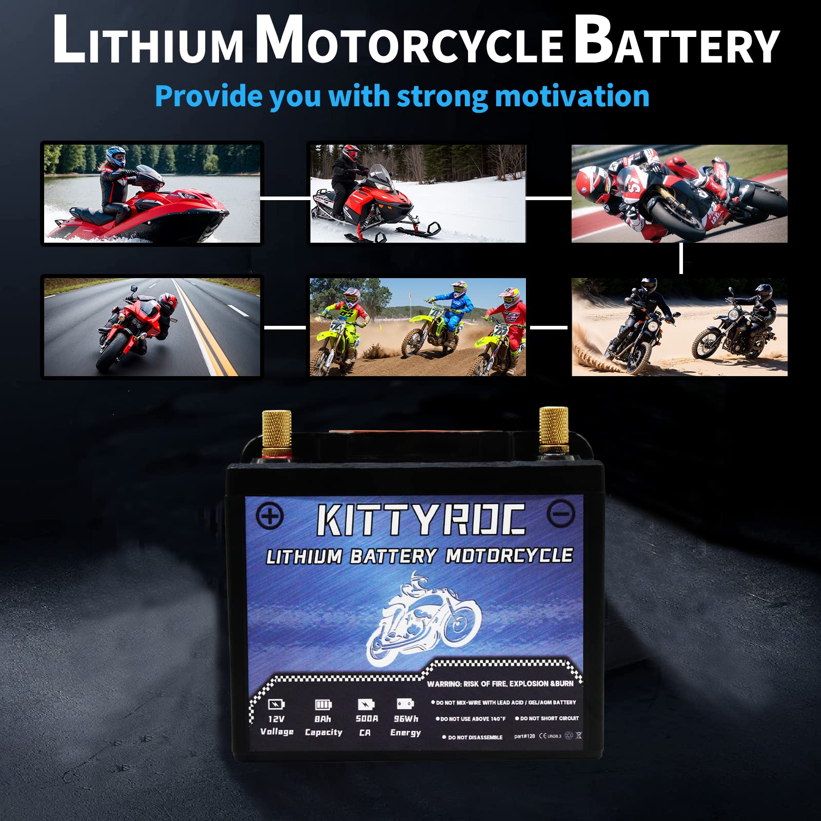 12V Lithium Moto Batteries 8Ah 500A, LiFePO4 Batteries with Smart BMS, Replacement ATV, UTV, Moto, Lawn Mower, Jet Ski, Snowmobile, 4 Wheeler, Tractor, Scooter and Generator Batteries