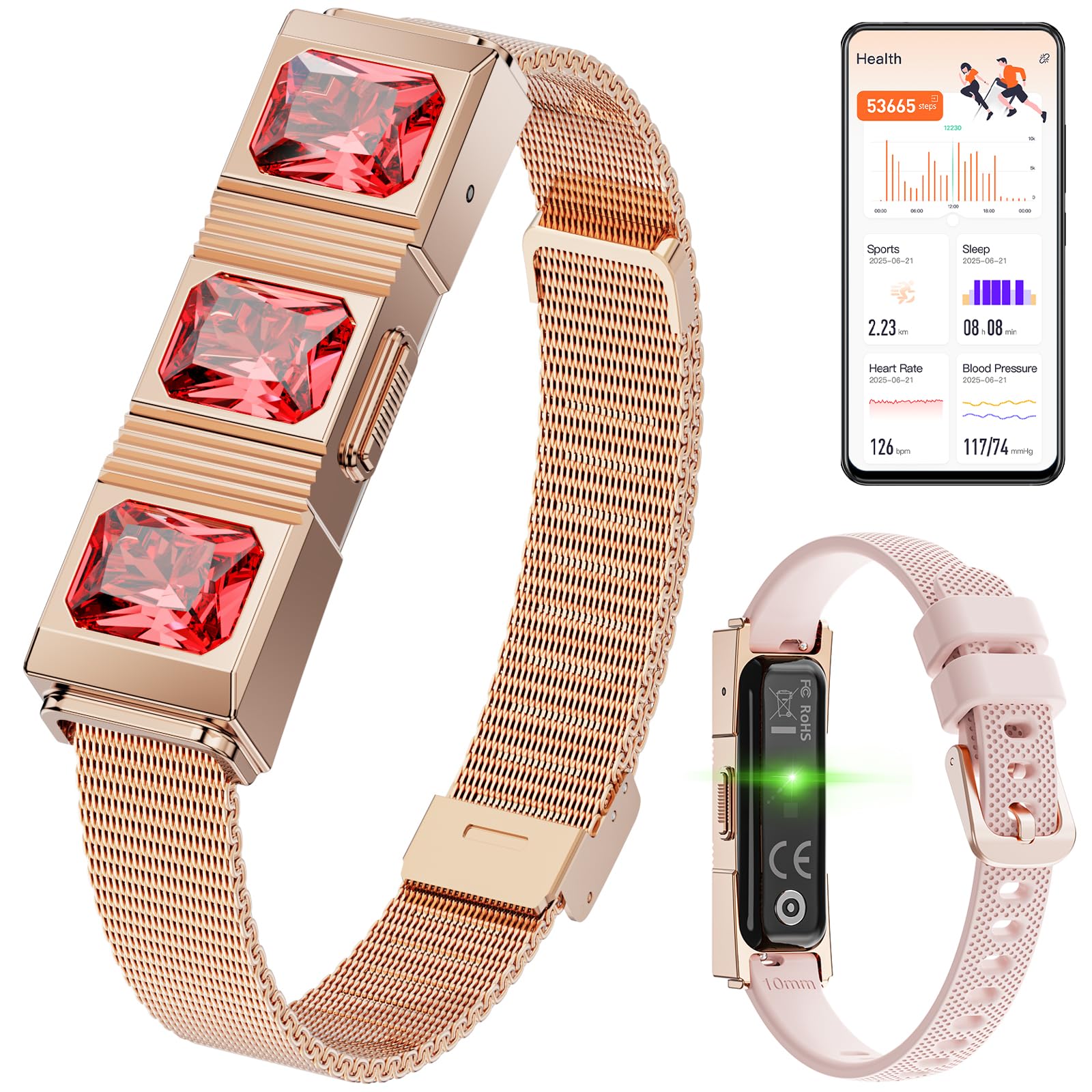 Women's Smart Bracelet with 2 Bands, Health Fitness Tracker, 24/7 Heart Rate/Blood Oxygen/HRV/Sleep Monitor, Fashion Ruby Wristband with Message/Call Reminder Free Subscription (Rose Gold)