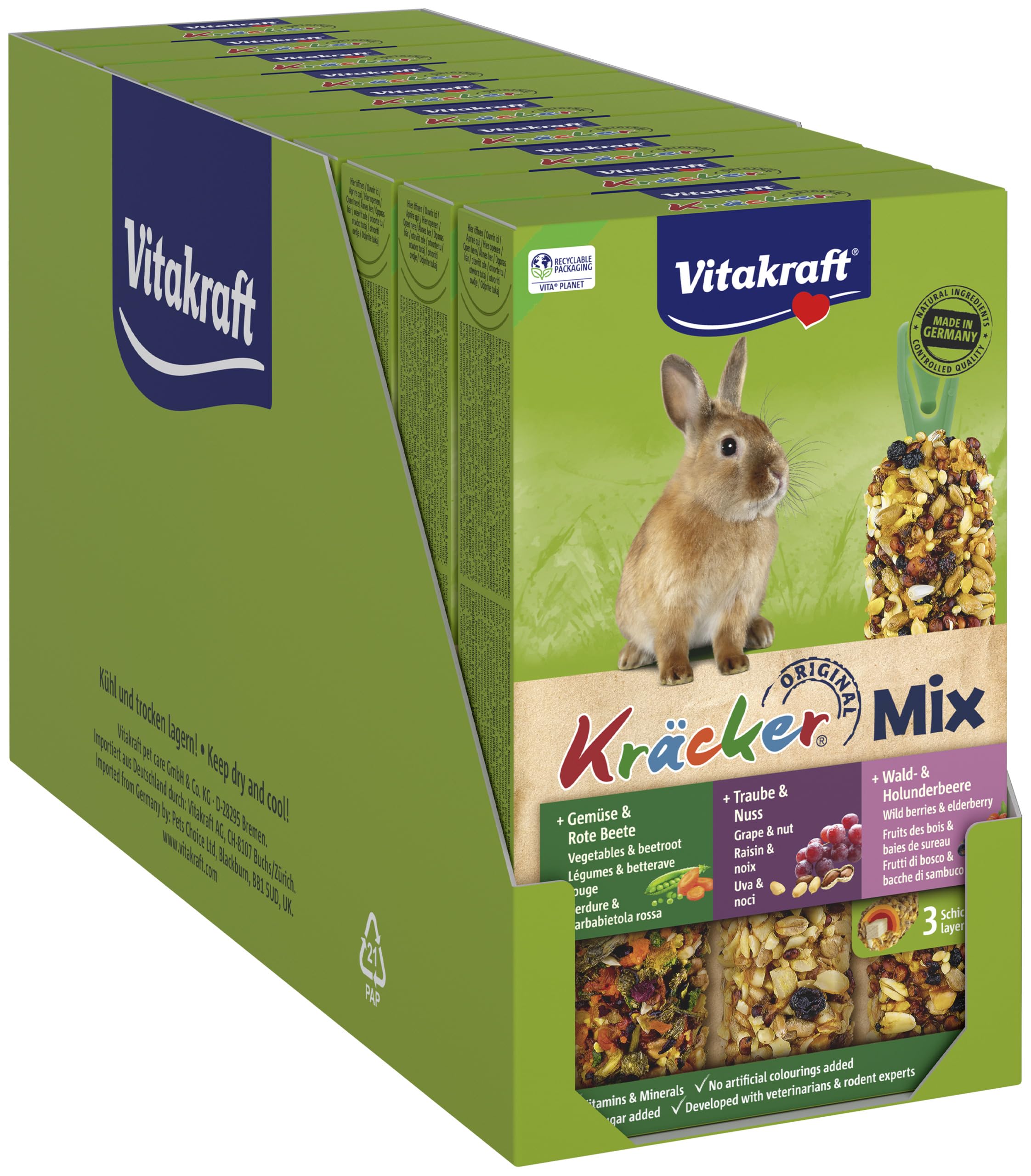 VITAKRAFT- Kräcker Mix, Snack Pour Rongeurs, Pour Lapins Nains, Aux Légumes Et Betterave Rouge, Au Raisin Et Aux Noix, Aux Baies Des Bois Et Sureau, Sans Ajout De Sucre Ni De Céréales (10X168G)