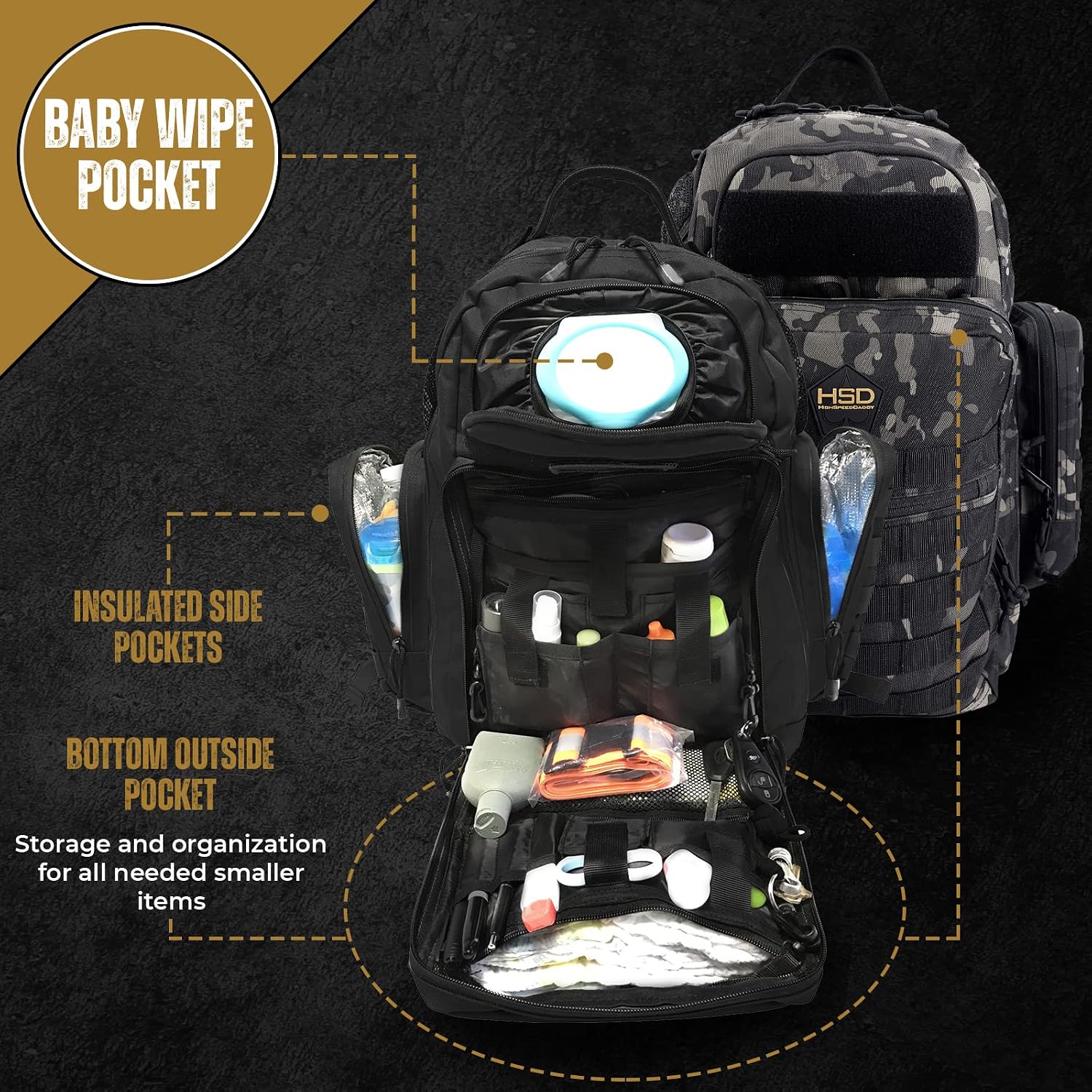 HighSpeedDaddy Baby Diaper Bag Backpack PLUS Diaper Changing Mat - Extra Large Capacity Bag with Integrated Stroller/Luggage Strap + Insulated Holders - High Grade Multi-Purpose Bag for Dads & Moms