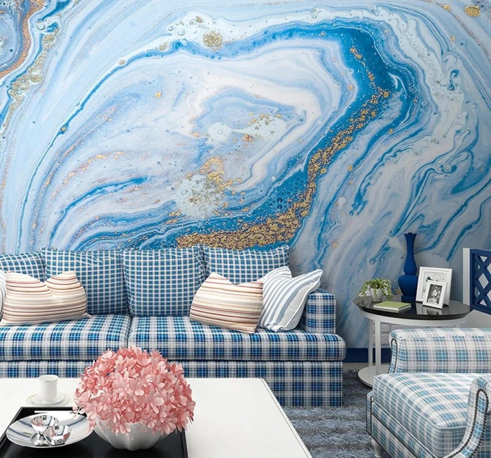 XLMING Abstract Fresh Blue Marble Effect Pattern 3D Wallpaper Luxury Silk Study Dining Feature Sofa Grey Bedroom Living Room Tv Decorative Wall-250cm×170cm