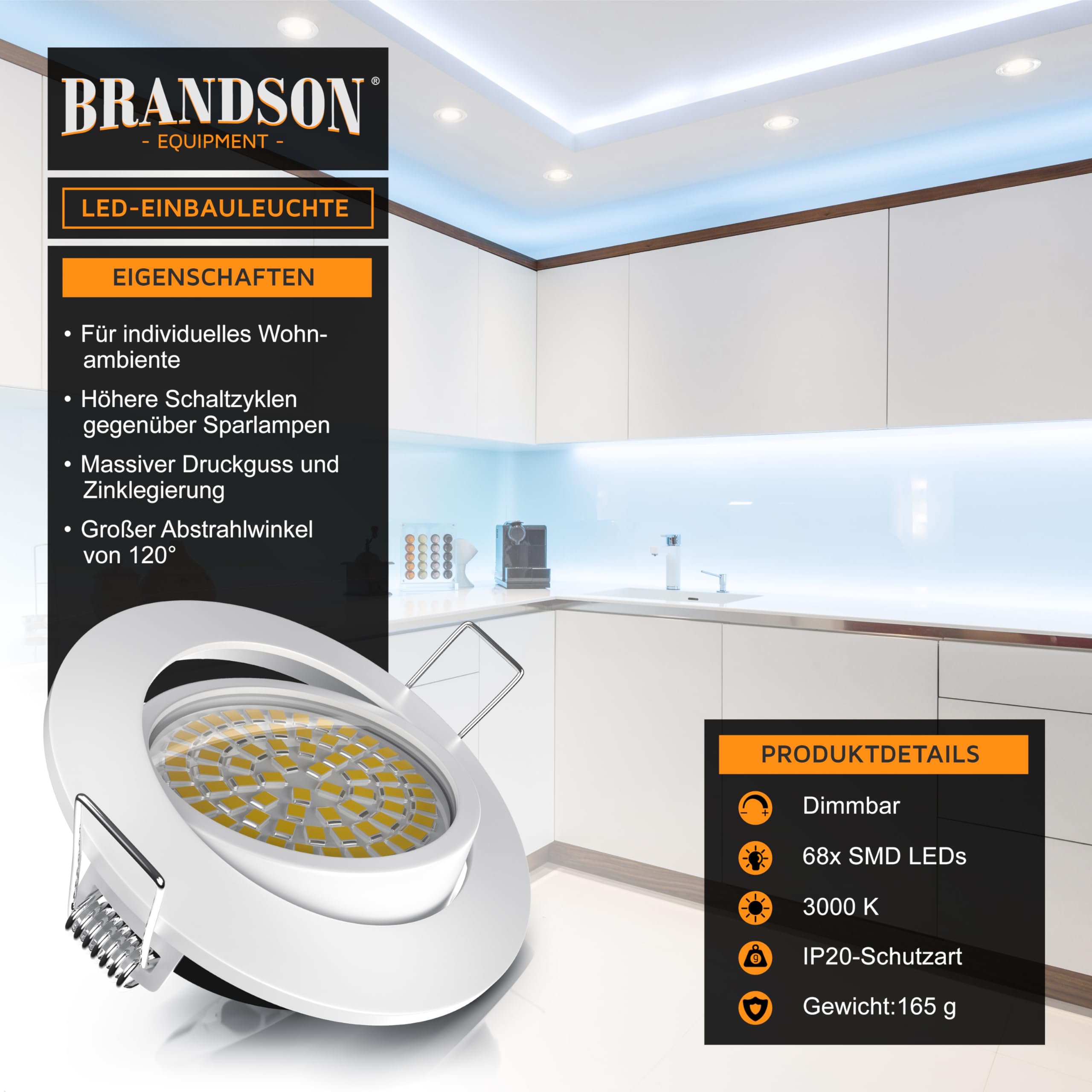 Brandson - 12x LED Deckenspot dimmbar Einbaustrahler schwenkbar - Ultra Flache Spots Einbauleuchte - Einbauspot Deckenstrahler - Abstrahlwinkel 120 Grad - 230V - weiß