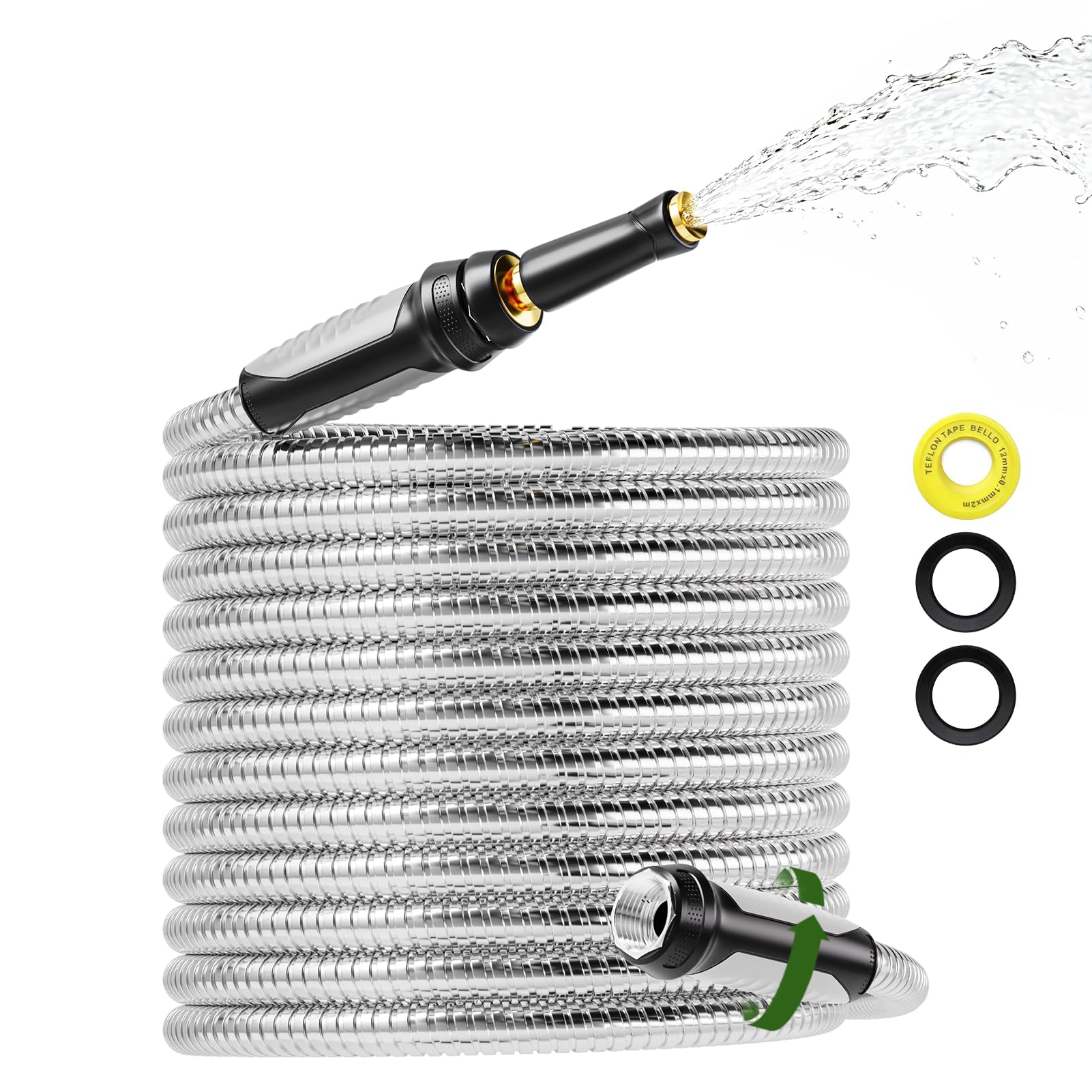 SPECILITE 50ft 304 Stainless Steel Garden Hose with Swivel Handle Nozzle