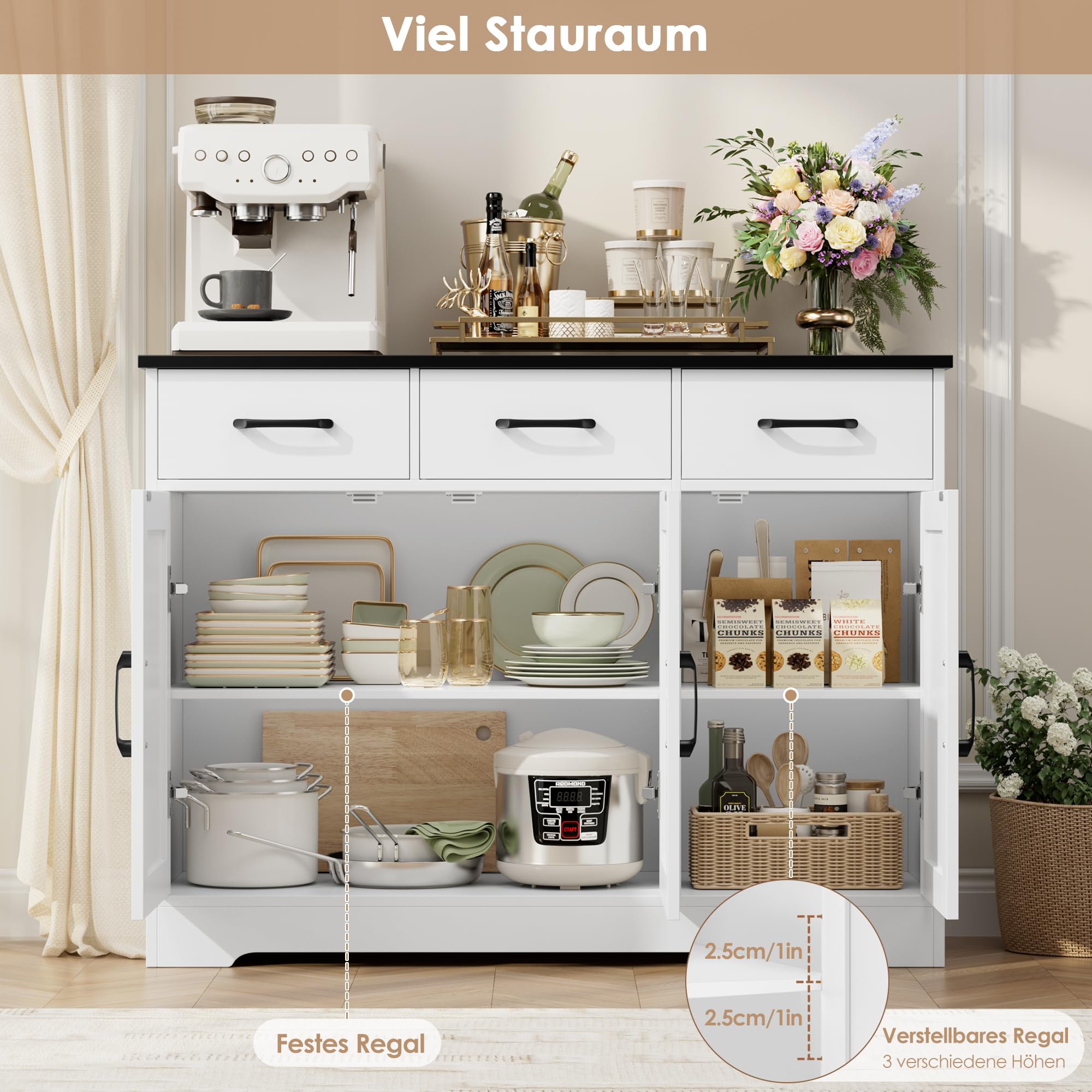 HOCSOK Credenza, Mobile Cucina con 3 Cassetti e 3 Armadi，Buffet Mobile Moderno, Credenza Soggiorno, Mobile per Cucina Ingresso Foyer, Sala da Pranzo, Bianco+Nero