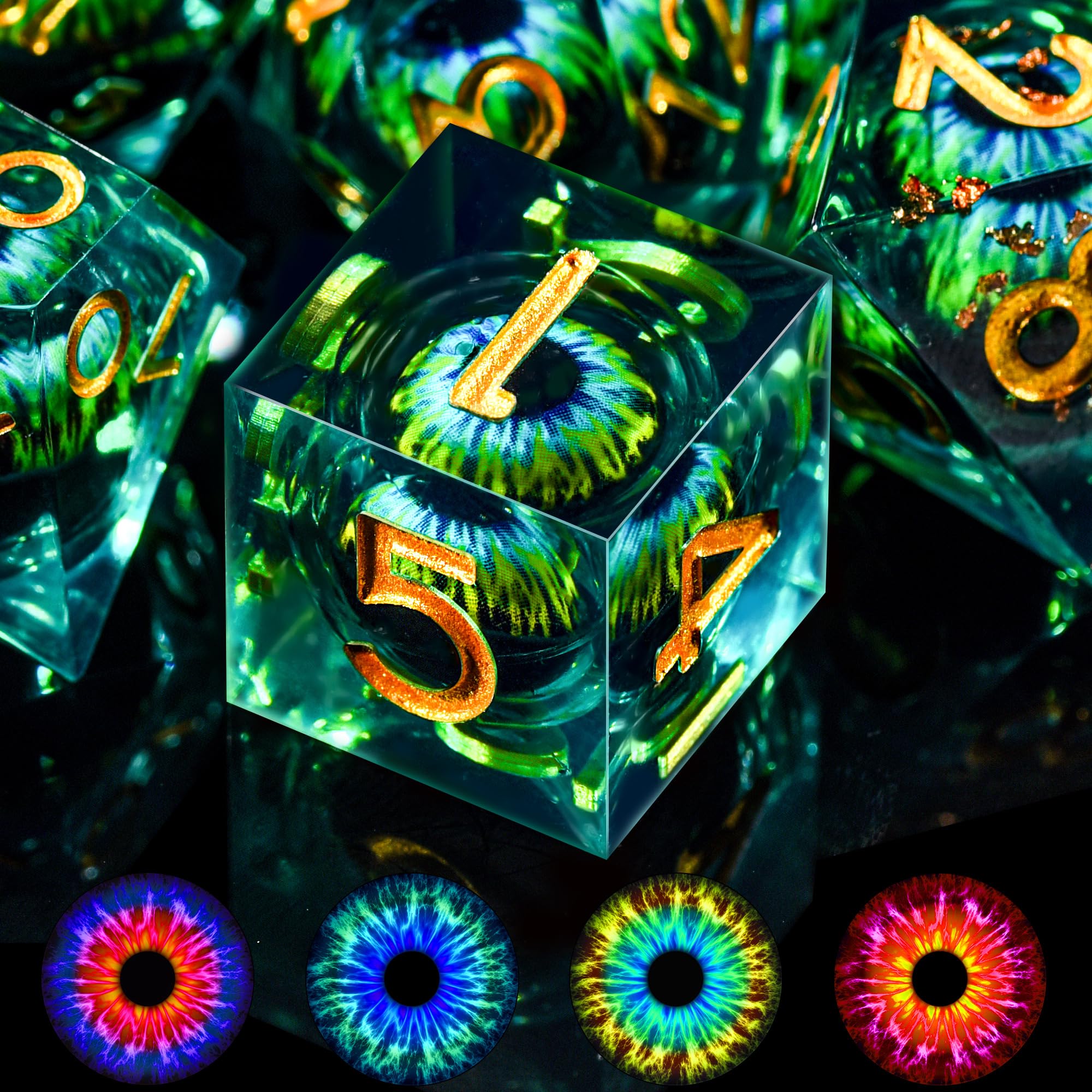 SIQUK 7 Piezas Juego de Dados DND Dados Ojo de Dragón Dados Nucleo Liquido Dados Poliedricos para Dungeons and Dragons D&D MTG (Azul & Dorado)