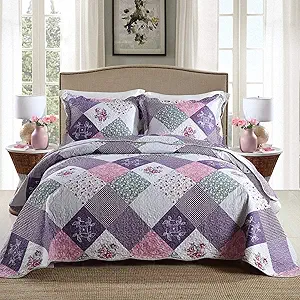 NEWLAKE Quilt Bedspread Sets-Floral Checkered Pattern Reversible Coverlet Set,King Size