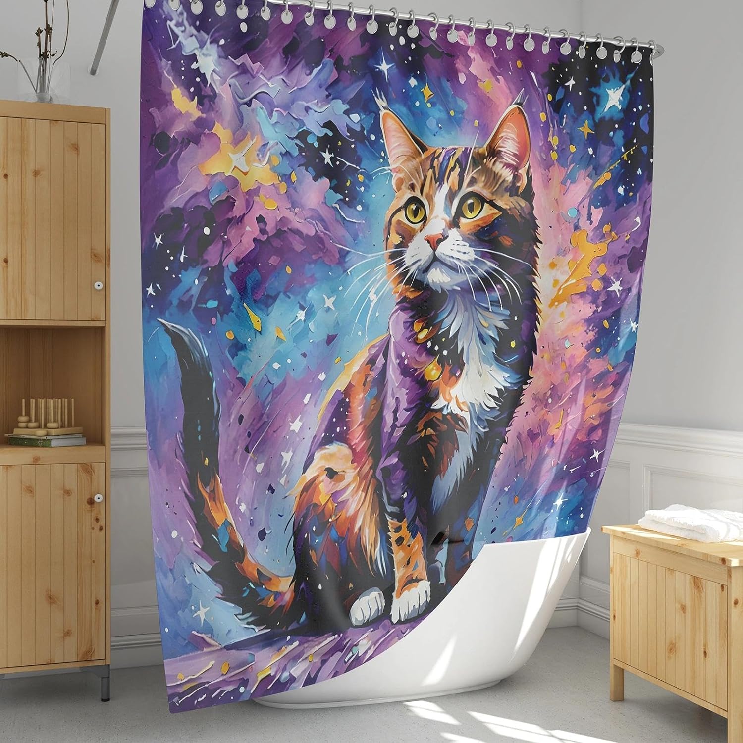 Cat Art Painting Waterproof Shower Curtain Set - 72x72 Inch Animal Bathroom Decor for Kids with 12 Metal Hooks, Machine Washable Polyester Bath Curtain