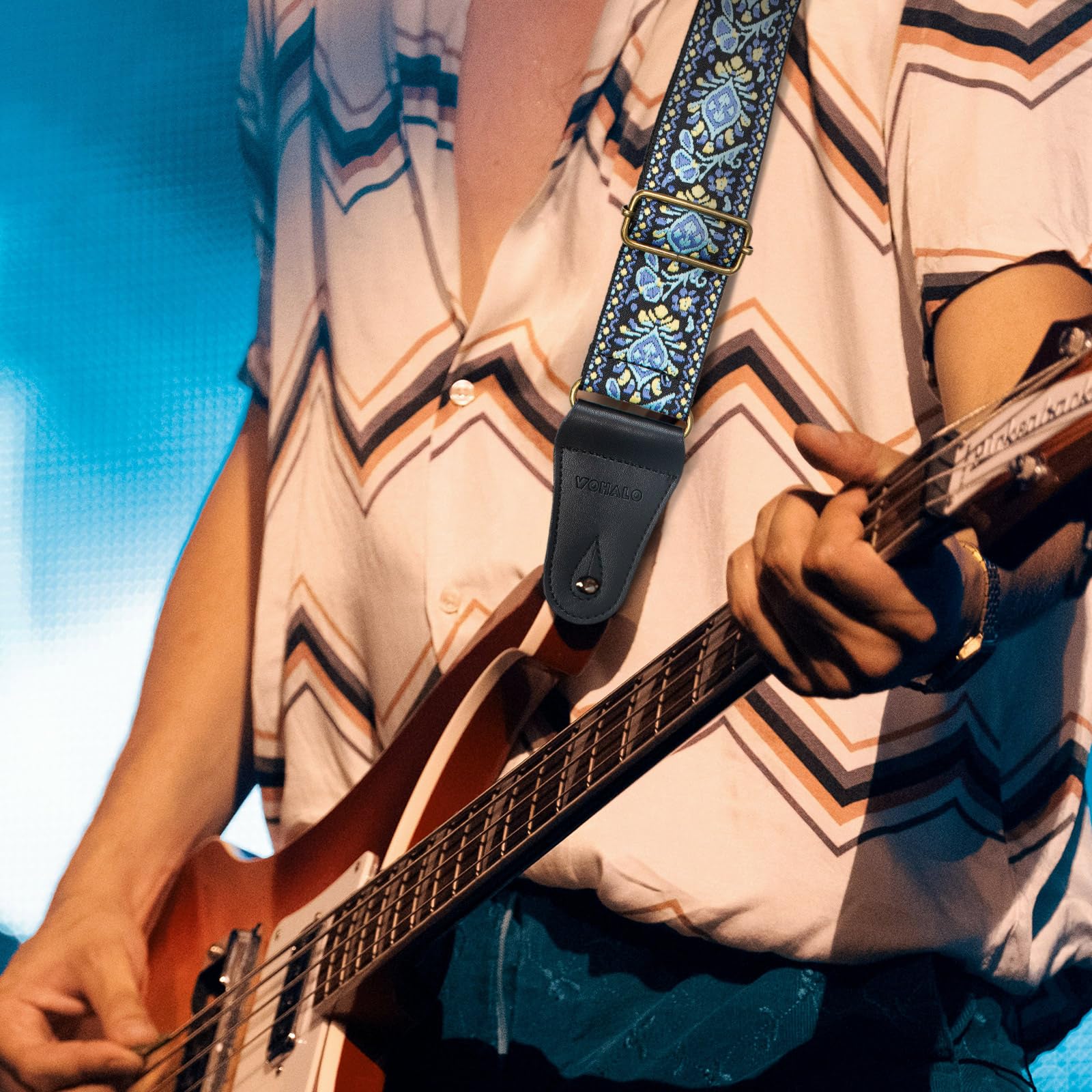 Pasek do gitary premium regulowany kwiatowy wzór vintage, dodatkowo wyściełany komfort do gitar akustycznych, elektrycznych