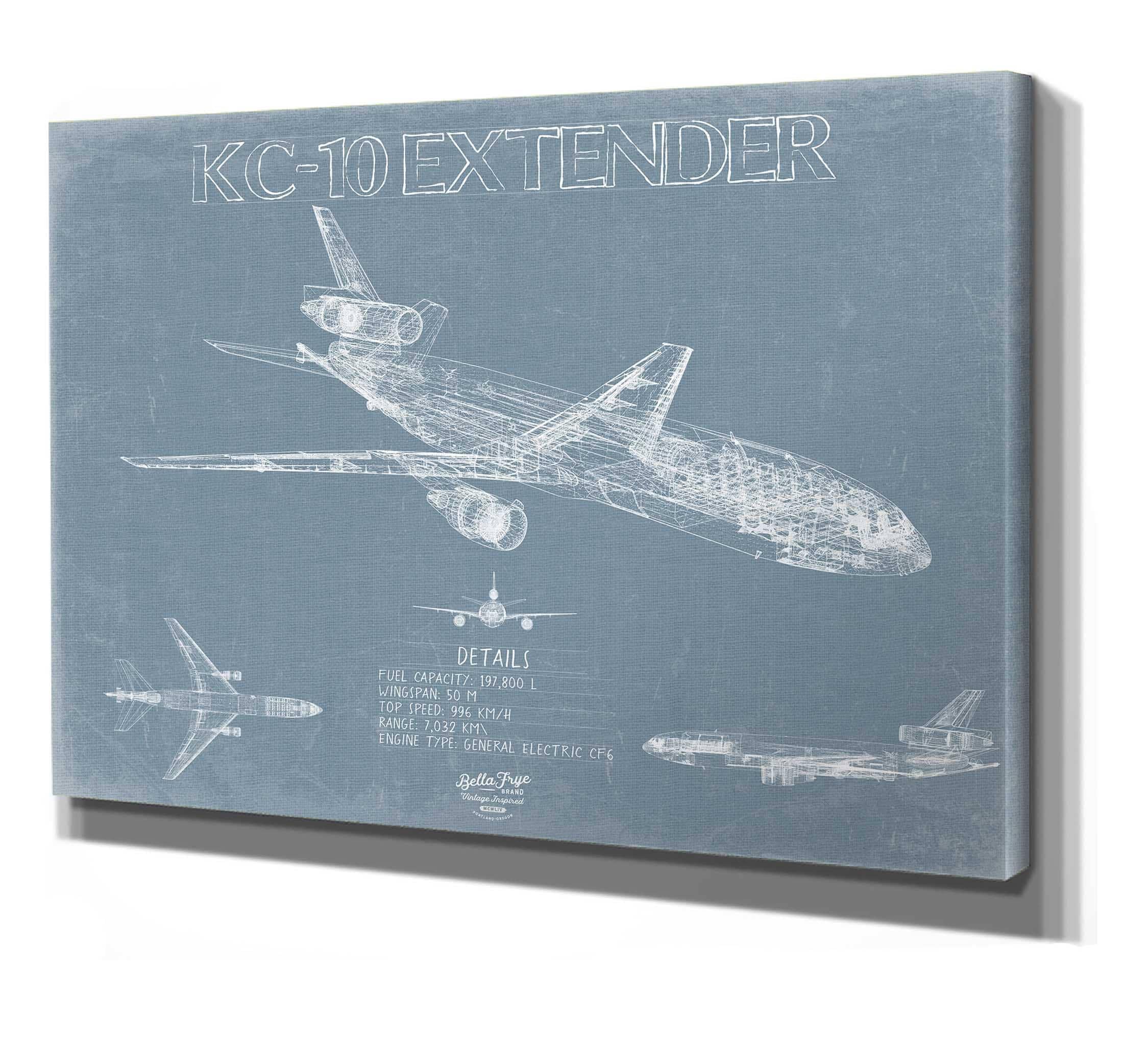 Bella Frye McDonnell Douglas KC-10 Extender Aircraft Blueprint Wall Art - Original Fighter Plane Print 36" x 24" / Stretched Canvas Wrap
