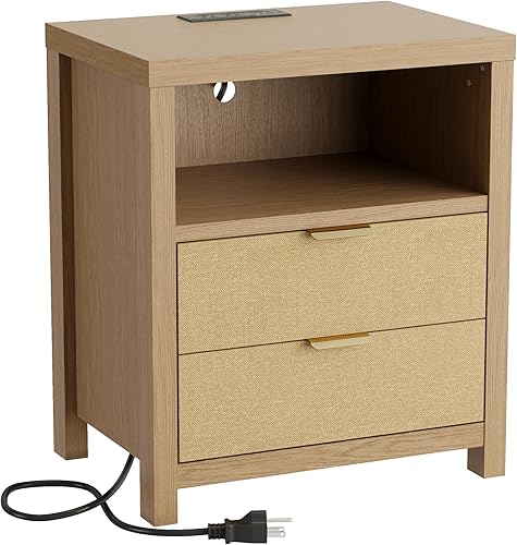 Miniatura 9 de Furnulem Mesita de noche con estación de carga, mesita de noche decorativa con 2 cajones y estante de almacenamiento, mesa de noche con cajón