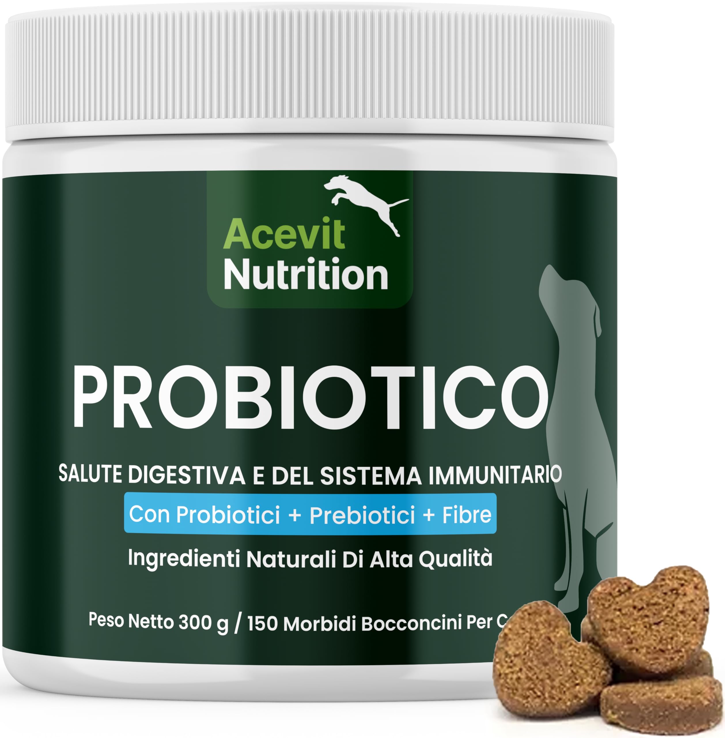 Probiotici Cani, 150 Bocconcini 100% Naturali con Prebiotici e Fibre · Flora Intestinale, Digestione e Stomaco Sensibile · Gusto Anatra – Acevit Nutrition