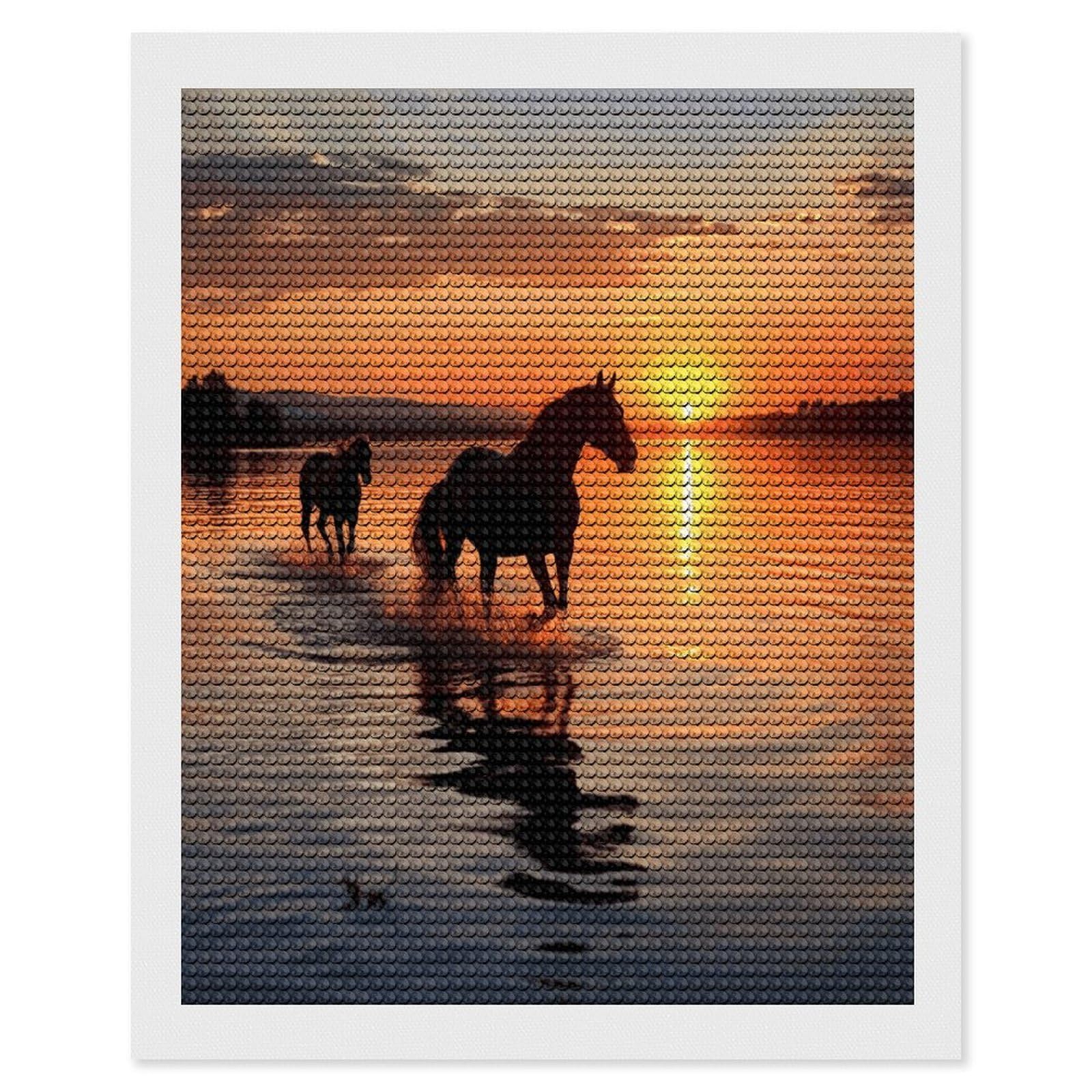 JTREHY Sunsets Lake Horses Diamond Art Kits Personalized DIY Round Diamond Painting Kits for Beginner Full Drill Diamonds Dots Paintings for Adults Gem Art Crafts Home Decor
