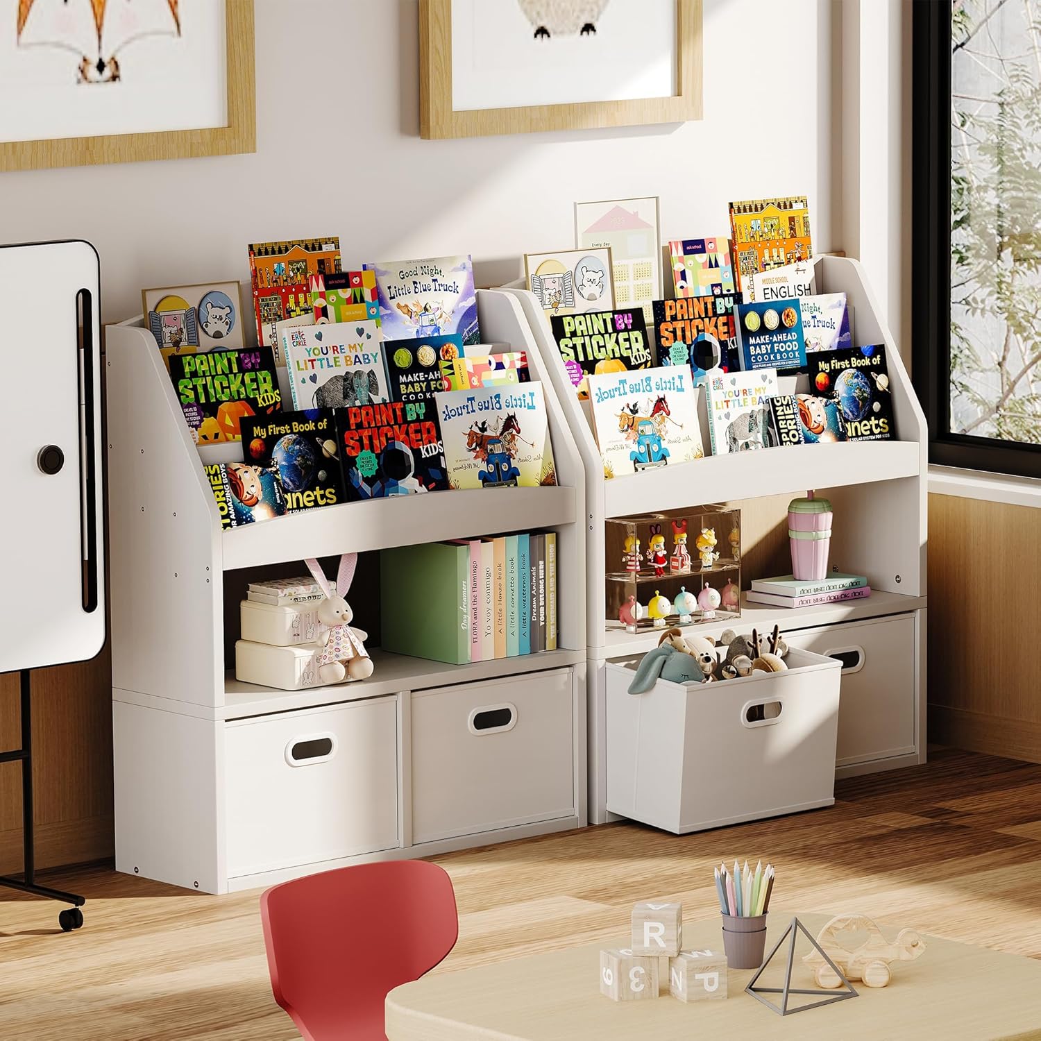 Homeiju Kids Bookshelf & Toy Storage Organizer with 2 Fabric Bins, 3 Tier Children Book Shelf, Toddler Bookcase for Toddler, Kids Room, Toys, Nursery, Playroom, White