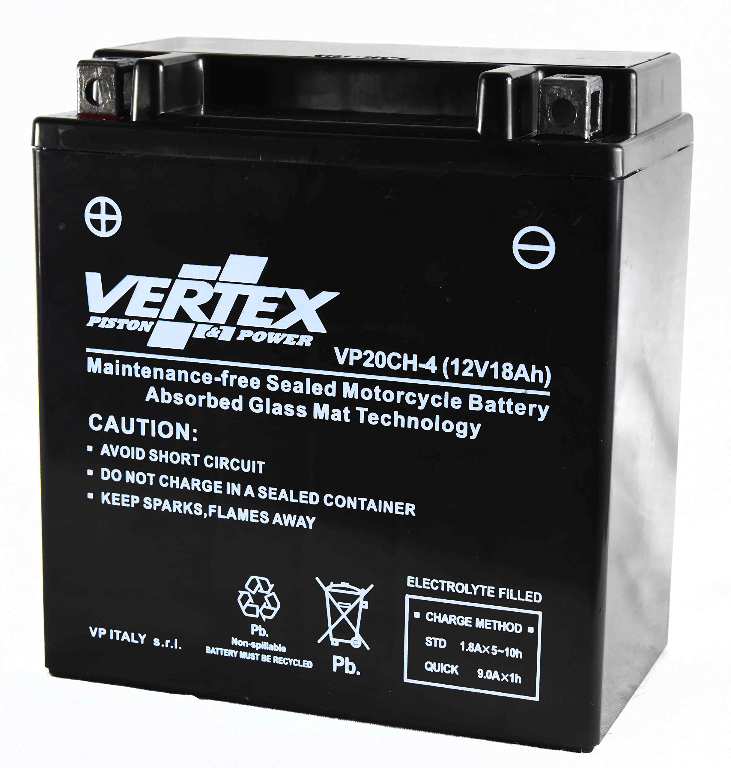 Vertex VP20CH-4 Sealed AGM Motorcycle/Powersport Battery, 12V, 18Ah, CCA (-18) 270, L:151mm W: 88mm H: 163mm Perfect battery for Motorcycle