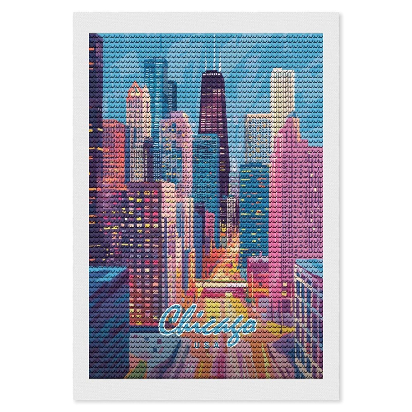 Junmoney Chicago Skyline Art Print Diamond Painting Kit 8"x12", Easy Handmade Project, Cosy Home Accent, for Craft Lovers, Holiday Gift Idea