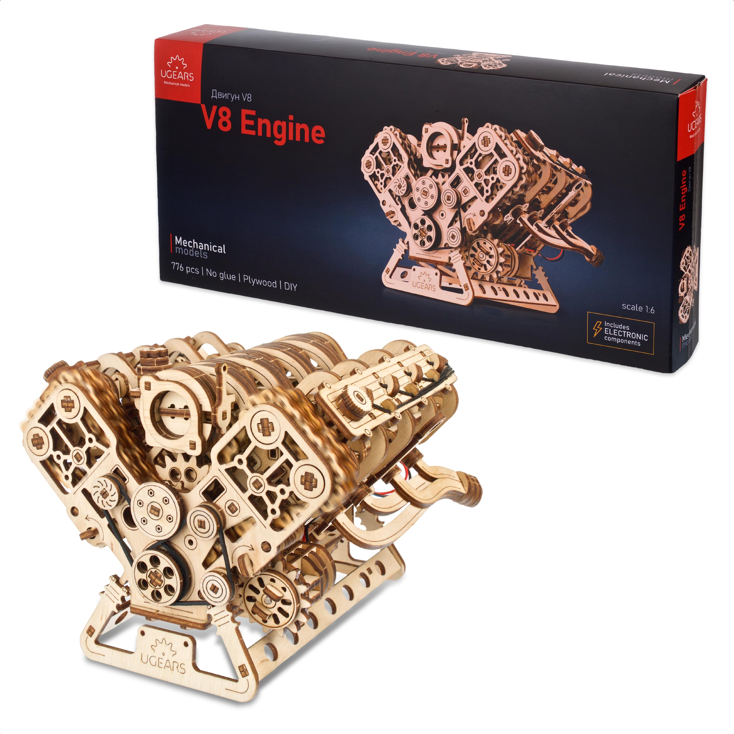 UGEARS Maquette Moteur V8 À Construire - Puzzle 3D Bois Adulte, Moteur Mécanique 1:​6, Casse Tête Adulte Maquette en Bois a Construire DIY Maquettes Et Modélisme Loisirs Créatifs Adultes