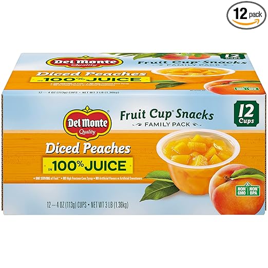 DEL MONTE Diced Peaches FRUIT CUP Snacks in 100% Fruit Juice, 12 Pack, 4 oz