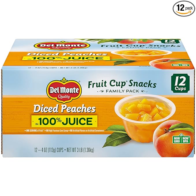 DEL MONTE Diced Peaches FRUIT CUP Snacks in 100% Fruit Juice, 12 Pack, 4 oz