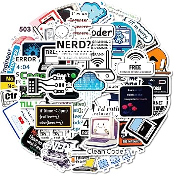 50 Pcs Programmer Stickers for Laptop, Water Bottles, Bicycle, Skateboard, Computer, Wall, Graffiti, Vinyl, Waterproof, Retro Tech, Cartoon, Outdoor
