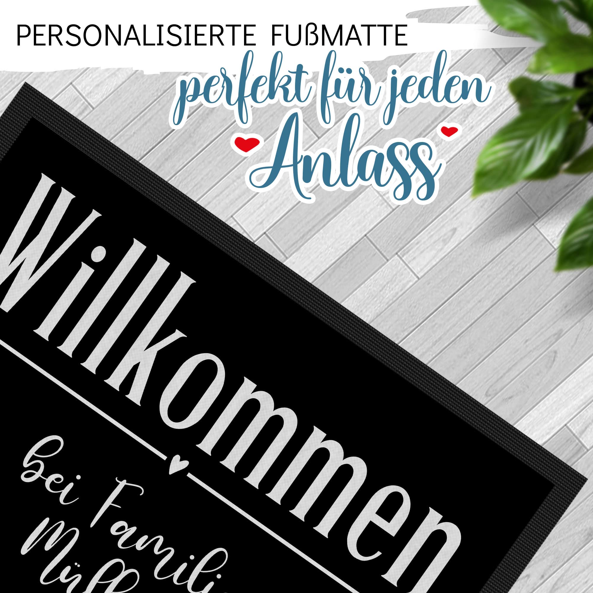 Print Royal Personalisierte Fußmatte Zwei Zeilen Wunschtext - Willkommen Herz - Geschenke zum Einzug | rutschfest, 120x80cm mit Gummirand