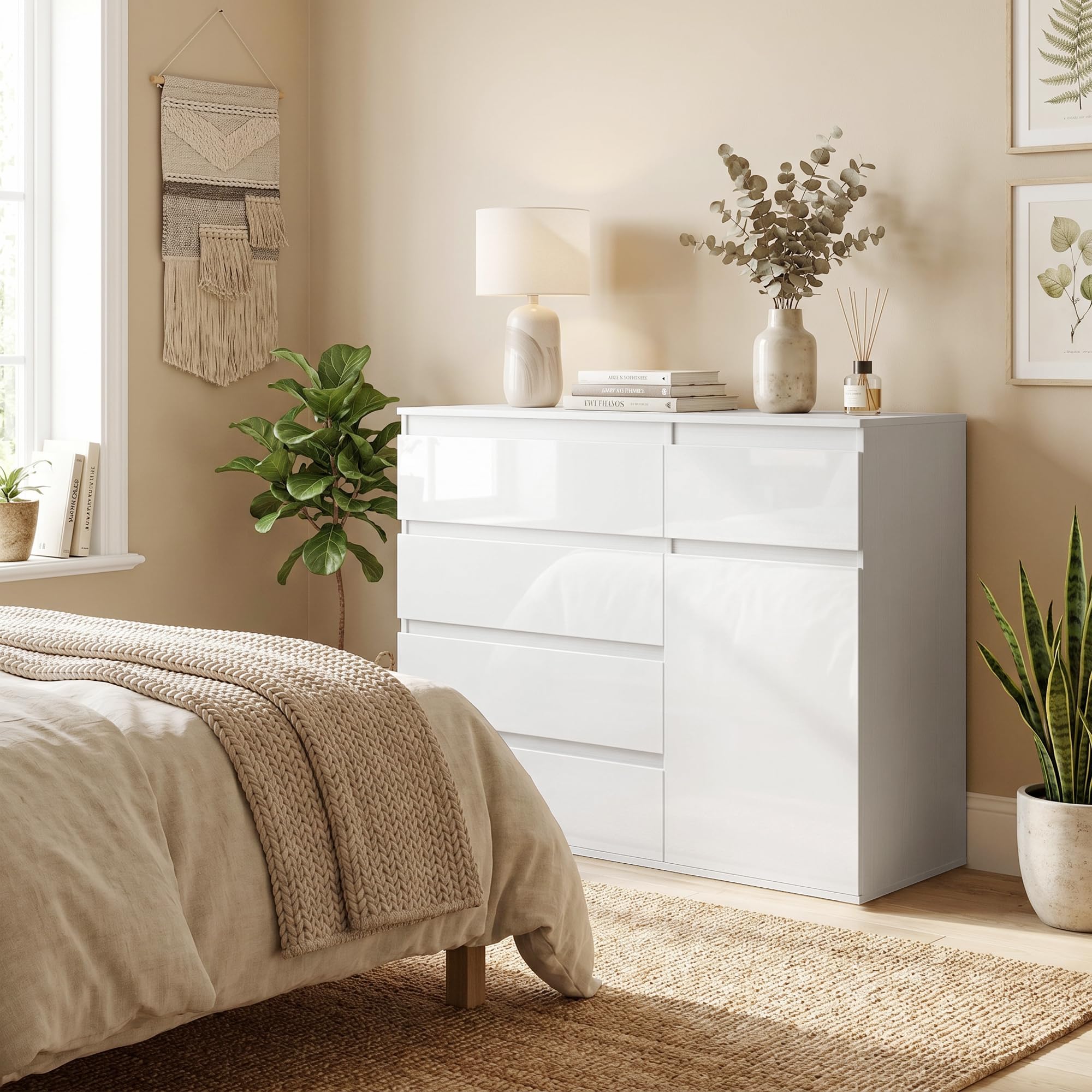 HOMCOM Kommode mit 5 Schubladen, Sideboard Hochglanz Weiß, Schubladenschrank mit verstellbarem Regal und Soft-Close-Tür, für Wohnzimmer und Schlafzimmer, 100 x 40 x 80 cm