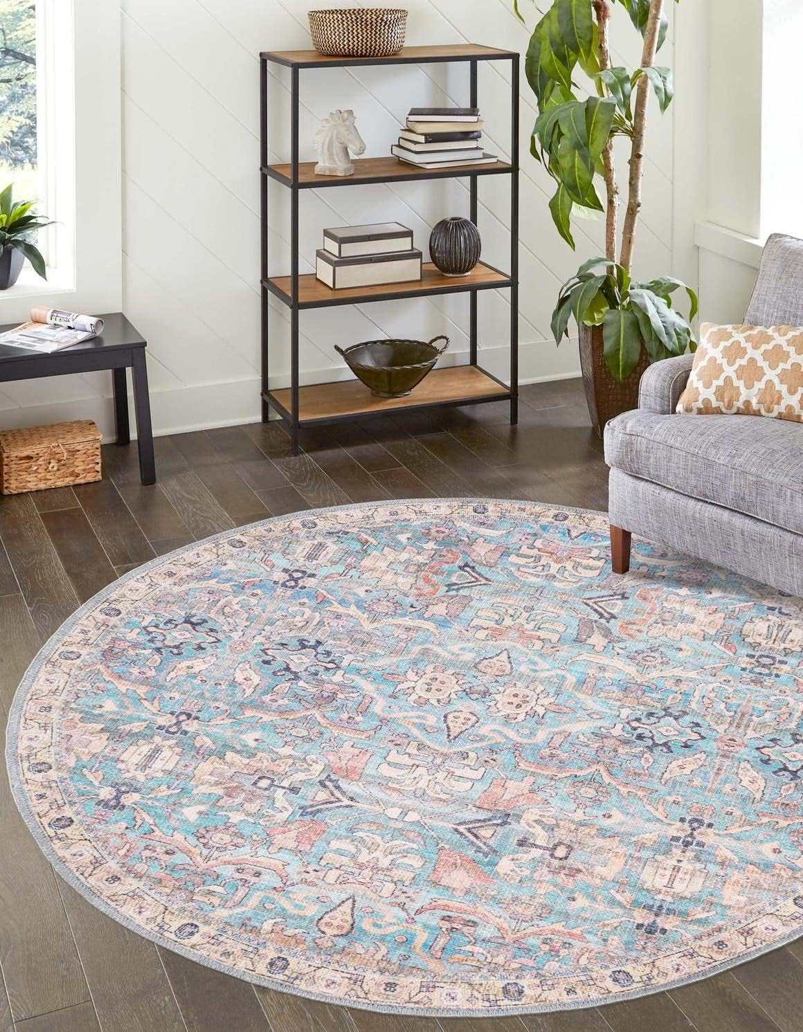 Rugs.com Nostalgia Collection Washable Rug – 3' 3 Round Blue Flatweave Perfect for Kitchens, Dining Rooms