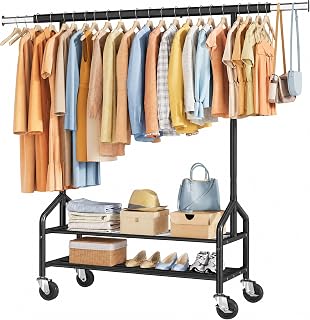 Tajsoon Clothing Rack with 2 Shelves, Metal Heavy Duty Load 350 LBS, Black | Adjustable Clothes Rack, Extendable Garment Rack for Hanging Clothes, Rolling Rack for Bedroom, Laundry Room, Clothes Store