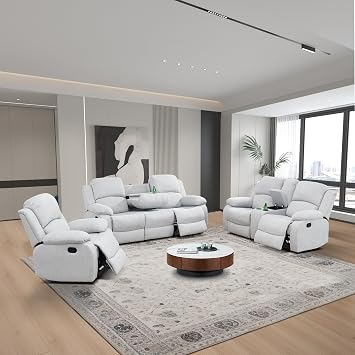 Manual Recliner Sofa Set Corduroy Fabric, Reclining Couches with Cup Holder/Storage/Drop Down Table, 3 Piece Living Room Furniture Set for Home Theater Sofa+Loveseat+Chair,Grey White