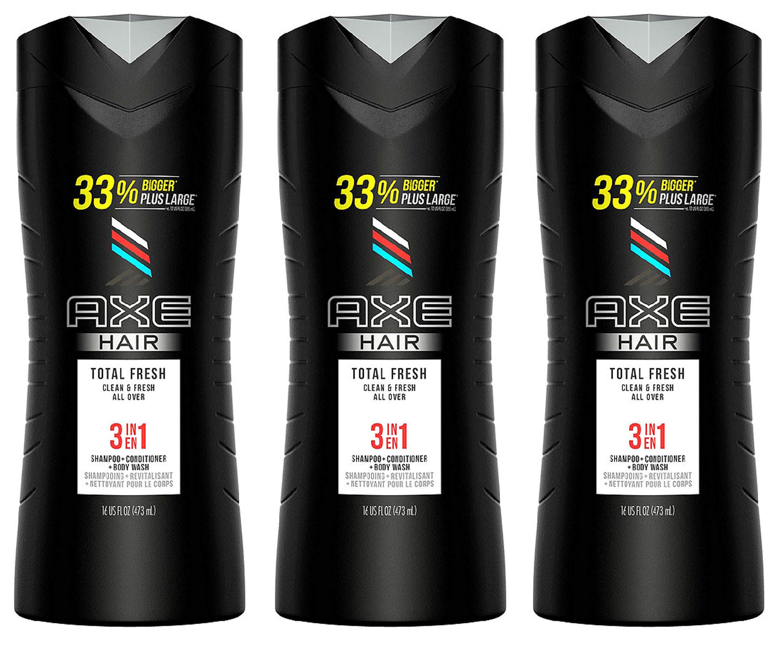 ARZER Axe Hair 3 in 1 - Total Fresh - Shampoo + Conditioner + Body Wash - Net Wt. 16 FL OZ (473 mL) Per Bottle - Pack of 3 Bottles3