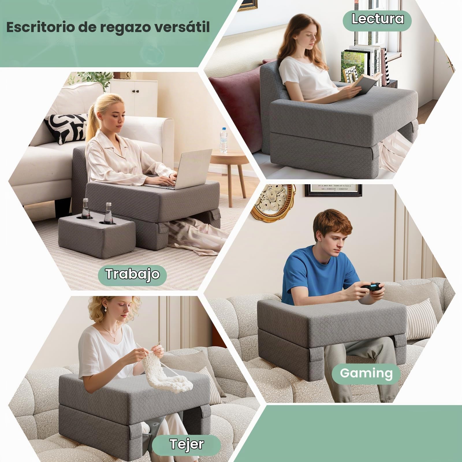 LIFEZEAL Cojin de Lectura con Posavasos Cojín de Espalda y Bolsillo de Almacenamiento, Almohadas de Lectura Escritorio Ergonómica con Reposabrazos, Respaldo Cama para Leer, Trabajar, Hacer Ganchillo