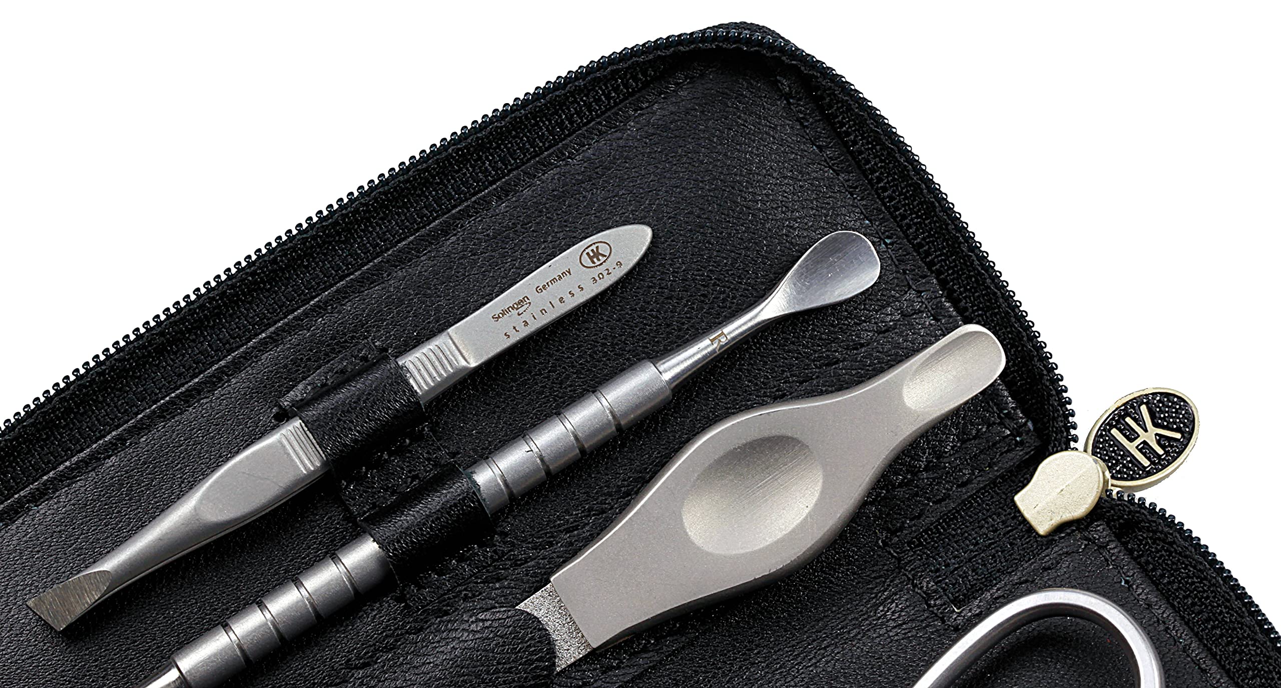 by Hans Kniebes – 5-teiliges Maniküre Set – Nagelschere, Knipser, Feile, Pinzette, Doppelinstrument – Manicure-Etui aus Nappa-Ziegenleder schwarz