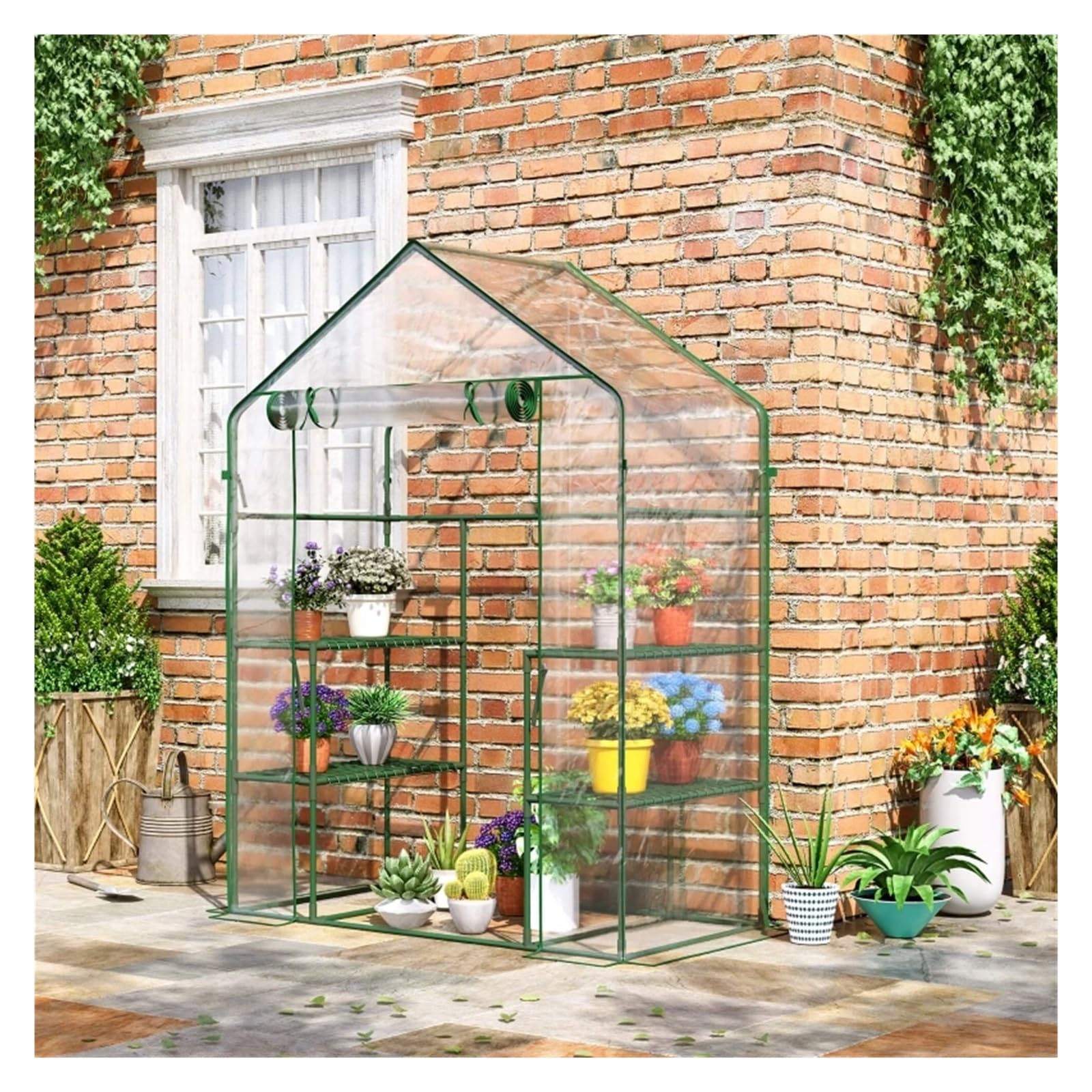 56" x 29" x 77" Mini-Gewächshaus, begehbares Gewächshaus, Garten-Warmhaus mit 4 Regalen, Rolltür und wetterfester Abdeckung, tief