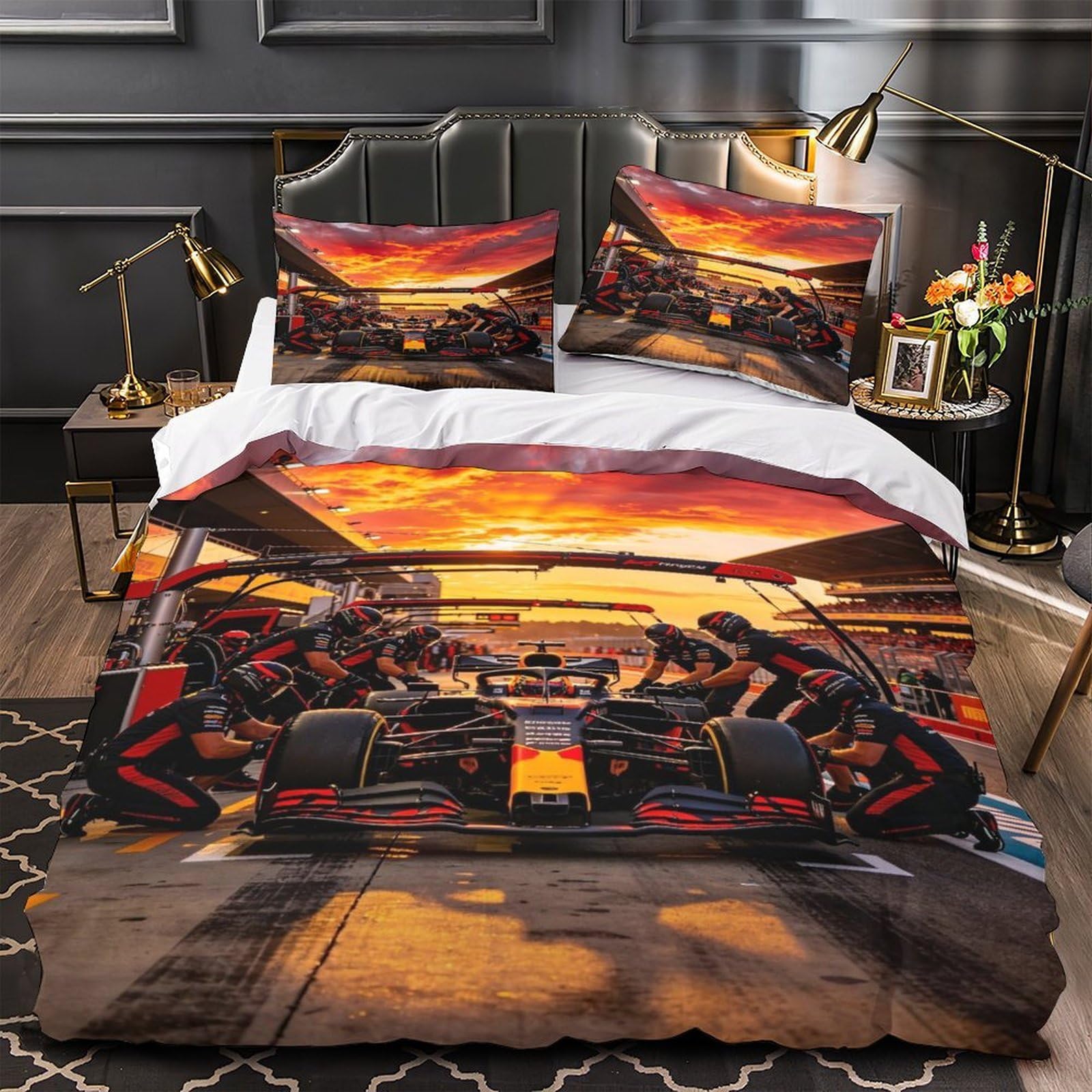 DAFUfbw Formulaa Racing Duvet Cover Single（135x200cm）, 3D Pattern Pit Stop Bedding Set Hypoallergenic Quilt Cover with Hidden Zipper, Breathable