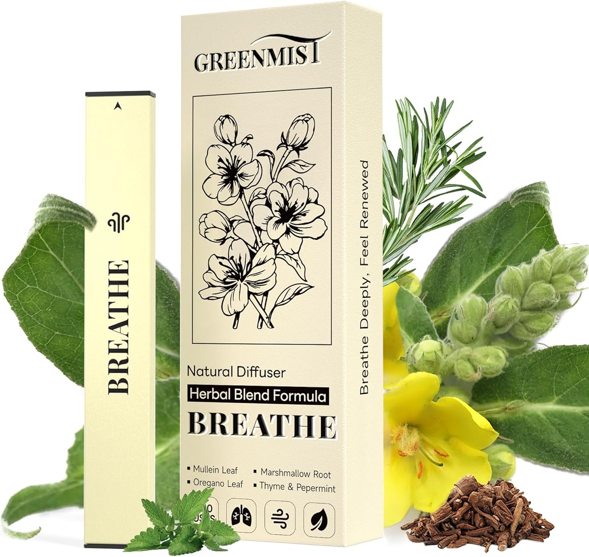 GreenMist Mullein Diffuser Pen - Herbal Lung Diffuser for Respiratory Support &amp; Lung Detox - Refreshing Blend with Mullein Marshmallow Root Thyme Mint &amp; Oregano Leaf - 800 Uses All-Natural Botanicals